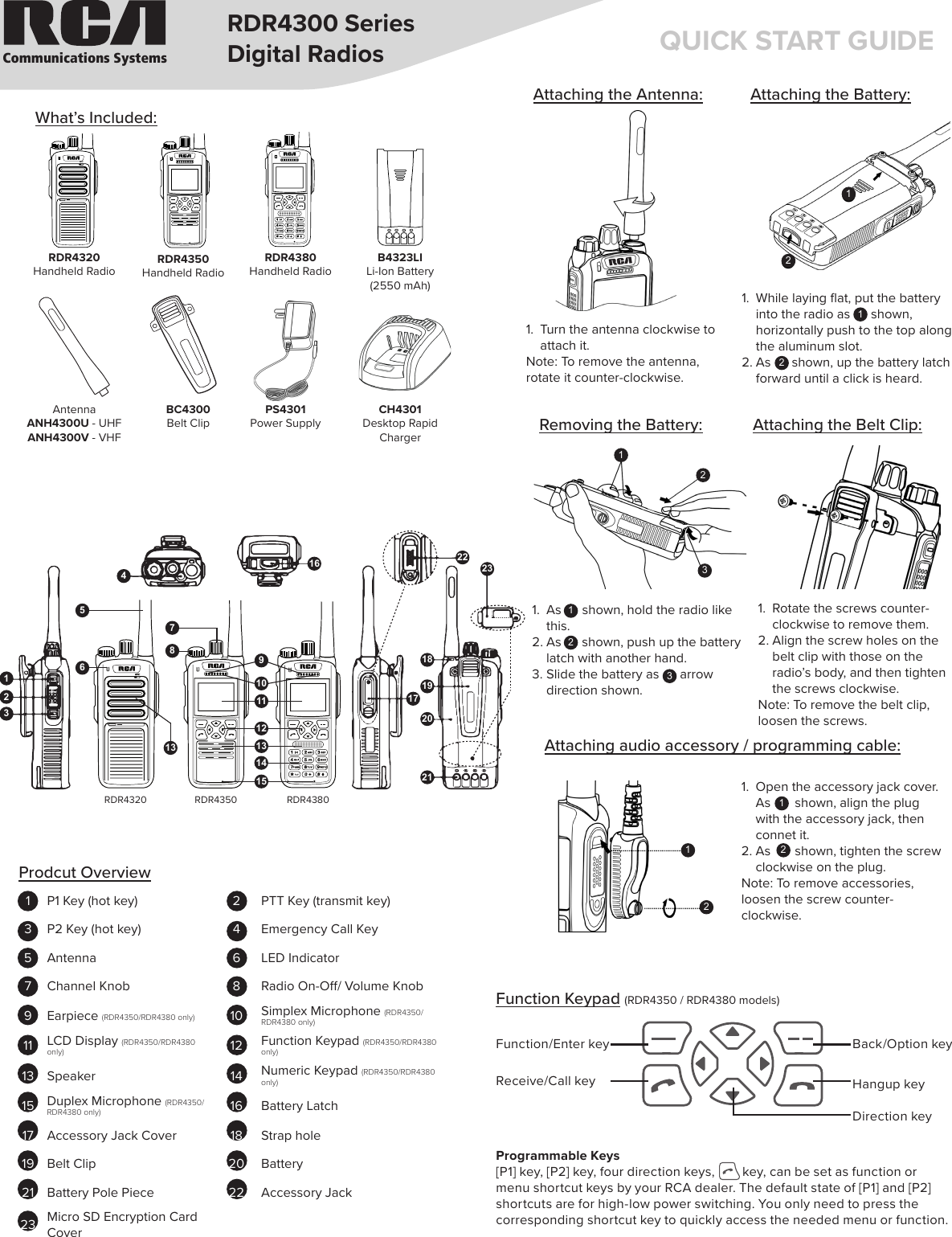 Communications SystemsRDR4300 SeriesDigital Radios QUICK START GUIDEB4323LILi-Ion Battery (2550 mAh)CH4301Desktop RapidChargerPS4301Power SupplyBC4300Belt ClipAntennaANH4300U - UHFANH4300V - VHFMICRDR4320Handheld RadioRDR4380Handheld RadioRDR4350Handheld RadioWhat’s Included:Attaching the Battery:Removing the Battery:Attaching audio accessory / programming cable:Attaching the Antenna:Attaching the Belt Clip:1.  While laying ﬂat, put the battery into the radio as      shown, horizontally push to the top along the aluminum slot.2. As      shown, up the battery latch forward until a click is heard.1.  As      shown, hold the radio like this.2. As      shown, push up the battery latch with another hand.3. Slide the battery as      arrow direction shown.1.  Rotate the screws counter-clockwise to remove them.2. Align the screw holes on the belt clip with those on the radio’s body, and then tighten the screws clockwise.Note: To remove the belt clip, loosen the screws.1.  Open the accessory jack cover. As       shown, align the plug with the accessory jack, then connet it.2. As       shown, tighten the screw clockwise on the plug.Note: To remove accessories, loosen the screw counter-clockwise.1.  Turn the antenna clockwise to attach it.Note: To remove the antenna, rotate it counter-clockwise.332222221111111P1 Key (hot key) 2PTT Key (transmit key)3P2 Key (hot key) 4Emergency Call Key5Antenna 6LED Indicator7Channel Knob 8Radio On-O/ Volume Knob9Earpiece (RDR4350/RDR4380 only) 10 Simplex Microphone (RDR4350/RDR4380 only)11 LCD Display (RDR4350/RDR4380 only) 12 Function Keypad (RDR4350/RDR4380 only)13 Speaker 14 Numeric Keypad (RDR4350/RDR4380 only)15 Duplex Microphone (RDR4350/RDR4380 only) 16 Battery Latch17 Accessory Jack Cover 18 Strap hole19 Belt Clip 20 Battery21 Battery Pole Piece 22 Accessory Jack23 Micro SD Encryption Card CoverProdcut Overview512341617181920212223678910111213131415RDR4320 RDR4350 RDR4380Programmable Keys [P1] key, [P2] key, four direction keys,        key, can be set as function or menu shortcut keys by your RCA dealer. The default state of [P1] and [P2] shortcuts are for high-low power switching. You only need to press the corresponding shortcut key to quickly access the needed menu or function.Function/Enter keyReceive/Call keyBack/Option keyHangup keyDirection keyFunction Keypad (RDR4350 / RDR4380 models)