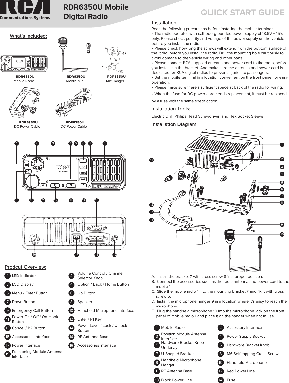 Communications SystemsRDR6350U MobileDigital Radio QUICK START GUIDERDR6350UMobile RadioRDR6350UDC Power CableRDR6350UDC Power CableRDR6350UMobile MicRDR6350UMic HangerWhat’s Included:Installation:A. Install the bracket 7 with cross screw 8 in a proper position.B. Connect the accessories such as the radio antenna and power cord to themobile 1.C. Slide the mobile radio 1 into the mounting bracket 7 and ﬁx it with crossscrew 6.D. Install the microphone hanger 9 in a location where it’s easy to reach themicrophone.E. Plug the handheld microphone 10 into the microphone jack on the frontpanel of mobile radio 1 and place it on the hanger when not in use.Read the following precautions before installing the mobile terminal:• The radio operates with cathode-grounded power supply of 13.6V ± 15%only. Please check polarity and voltage of the power supply on the vehicle before you install the radio.• Please check how long the screws will extend from the bot-tom surface of the radio, before you install the radio. Drill the mounting hole cautiously to avoid damage to the vehicle wiring and other parts.• Please connect RCA supplied antenna and power cord to the radio, before you install it in the bracket. And make sure the antenna and power cord is dedicated for RCA digital radios to prevent injuries to passengers.• Set the mobile terminal in a location convenient on the front panel for easy operation.• Please make sure there’s sufficient space at back of the radio for wiring.• When the fuse for DC power cord needs replacement, it must be replaced by a fuse with the same specification.Installation Tools:Electric Drill, Philips Head Screwdriver, and Hex Socket Sleeve Installation Diagram: 10141312119876543211Mobile Radio 2Accessory Interface3Position Module AntennaInterface 4Power Supply Socket5Hardware Bracket KnobUnderlay 6Hardware Bracket Knob7U-Shaped Bracket 8M6 Self-tapping Cross Screw9Handheld MicrophoneHanger 10 Handheld Microphone11 RF Antenna Base 12 Red Power Line13 Black Power Line 14 Fuse19 10 11 12 13 14 1516 17 18 192 3 4 5 6 7 8Prodcut Overview:1LED Indicator 2Volume Control / ChannelSelector Knob3LCD Display 4Option / Back / Home Button5Menu / Enter Button 6Up Button7Down Button 8Speaker9Emergency Call Button 10 Handheld Microphone Interface11 Power On / O / On-HookButton 12 Enter / P1 Key13 Cancel / P2 Button 14 Power Level / Lock / UnlockButton15 Accessories Interface 16 RF Antenna Base17 Power Interface 18 Accessories Interface19 Positioning Module AntennaInterface