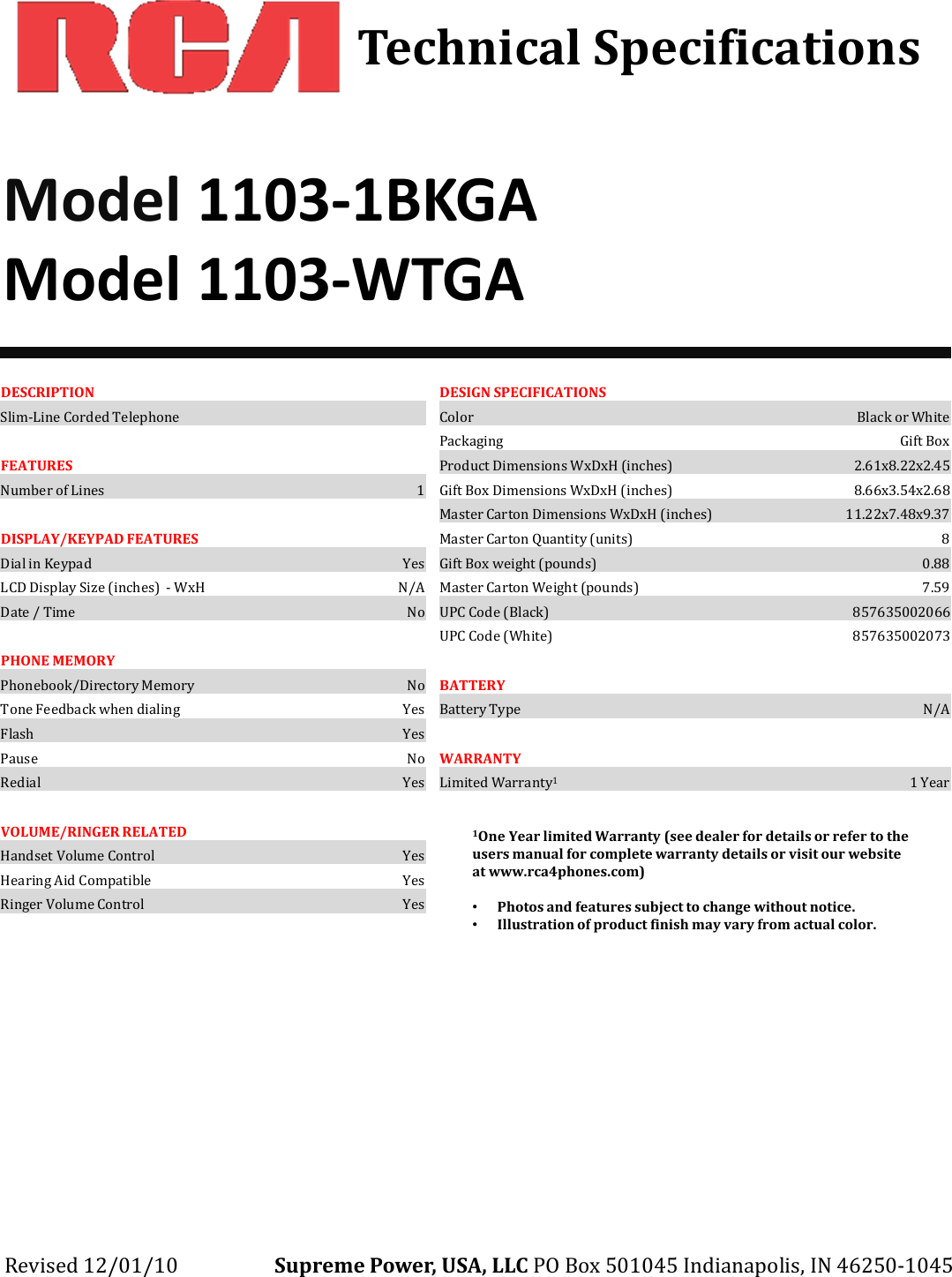 RCA 1103 1WTGA Microsoft Spec Sheet Printable User Manual To The