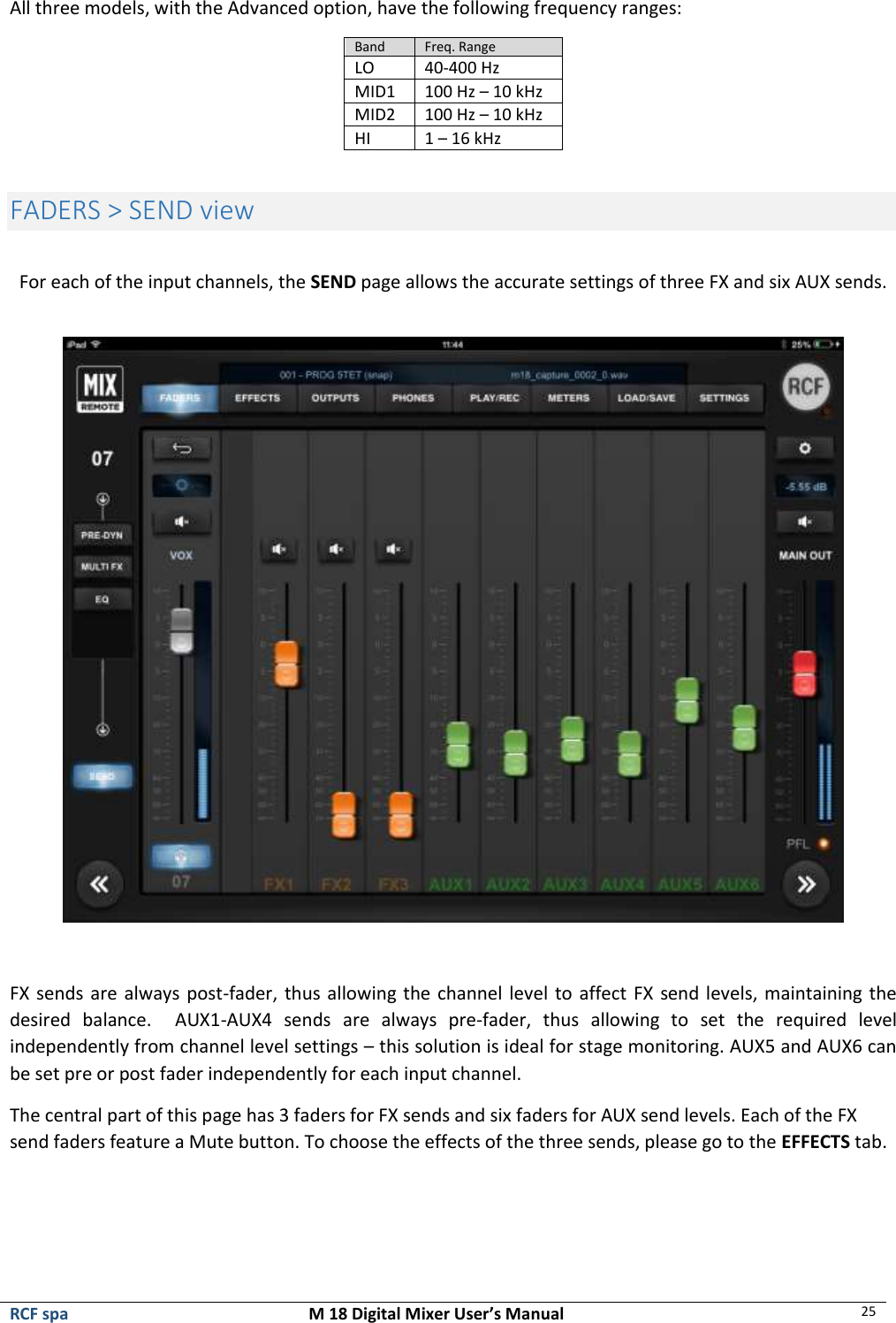  RCF spa  M 18 Digital Mixer User’s Manual 25  All three models, with the Advanced option, have the following frequency ranges: Band Freq. Range LO 40-400 Hz MID1 100 Hz – 10 kHz MID2 100 Hz – 10 kHz HI 1 – 16 kHz  FADERS &gt; SEND view  For each of the input channels, the SEND page allows the accurate settings of three FX and six AUX sends.    FX sends are always post-fader, thus allowing the channel level to affect FX send levels, maintaining the desired  balance.    AUX1-AUX4  sends  are  always  pre-fader,  thus  allowing  to  set  the  required  level independently from channel level settings – this solution is ideal for stage monitoring. AUX5 and AUX6 can be set pre or post fader independently for each input channel. The central part of this page has 3 faders for FX sends and six faders for AUX send levels. Each of the FX send faders feature a Mute button. To choose the effects of the three sends, please go to the EFFECTS tab.    