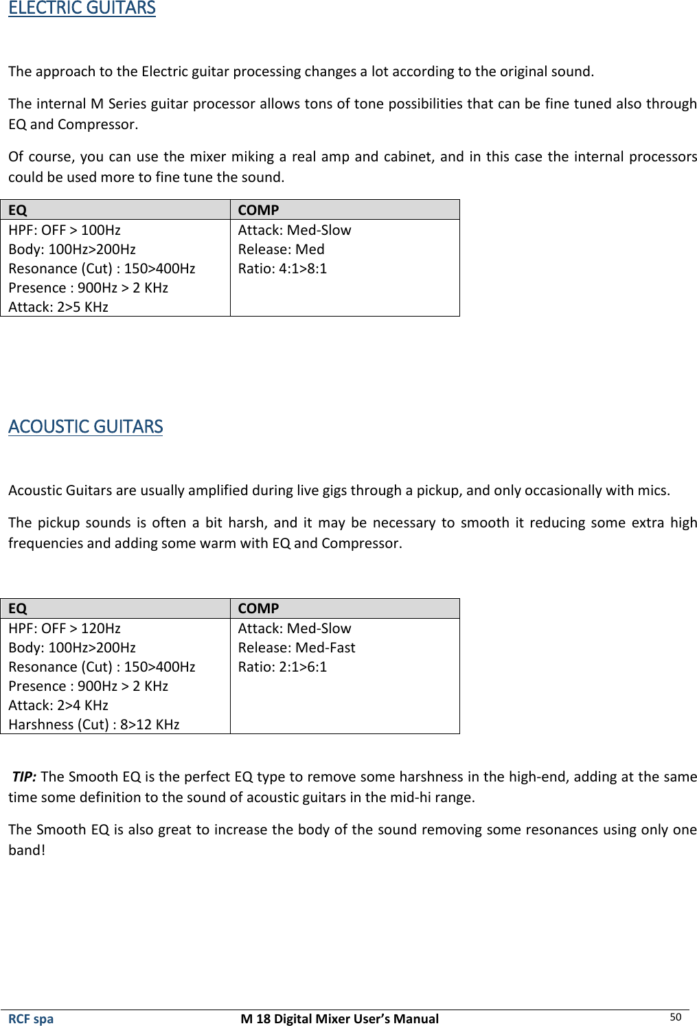  RCF spa  M 18 Digital Mixer User’s Manual 50  ELECTRIC GUITARS  The approach to the Electric guitar processing changes a lot according to the original sound. The internal M Series guitar processor allows tons of tone possibilities that can be fine tuned also through EQ and Compressor. Of course, you can use the mixer miking a real amp and cabinet, and in this case the internal processors could be used more to fine tune the sound. EQ COMP HPF: OFF &gt; 100Hz Body: 100Hz&gt;200Hz Resonance (Cut) : 150&gt;400Hz Presence : 900Hz &gt; 2 KHz Attack: 2&gt;5 KHz Attack: Med-Slow Release: Med Ratio: 4:1&gt;8:1    ACOUSTIC GUITARS  Acoustic Guitars are usually amplified during live gigs through a pickup, and only occasionally with mics. The  pickup sounds  is often a  bit  harsh, and it  may  be  necessary to smooth it reducing  some  extra  high frequencies and adding some warm with EQ and Compressor.  EQ COMP HPF: OFF &gt; 120Hz Body: 100Hz&gt;200Hz Resonance (Cut) : 150&gt;400Hz Presence : 900Hz &gt; 2 KHz Attack: 2&gt;4 KHz Harshness (Cut) : 8&gt;12 KHz Attack: Med-Slow Release: Med-Fast Ratio: 2:1&gt;6:1    TIP: The Smooth EQ is the perfect EQ type to remove some harshness in the high-end, adding at the same time some definition to the sound of acoustic guitars in the mid-hi range. The Smooth EQ is also great to increase the body of the sound removing some resonances using only one band!     