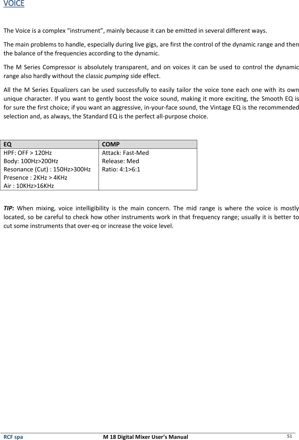  RCF spa  M 18 Digital Mixer User’s Manual 51  VOICE  The Voice is a complex “instrument”, mainly because it can be emitted in several different ways. The main problems to handle, especially during live gigs, are first the control of the dynamic range and then the balance of the frequencies according to the dynamic. The M Series Compressor is absolutely transparent, and on voices it can be used to control the dynamic range also hardly without the classic pumping side effect. All the M Series Equalizers can be used successfully to easily tailor the voice tone each one with its own unique character. If you want to gently boost the voice sound, making it more exciting, the Smooth EQ is for sure the first choice; if you want an aggressive, in-your-face sound, the Vintage EQ is the recommended selection and, as always, the Standard EQ is the perfect all-purpose choice.  EQ COMP HPF: OFF &gt; 120Hz Body: 100Hz&gt;200Hz Resonance (Cut) : 150Hz&gt;300Hz Presence : 2KHz &gt; 4KHz Air : 10KHz&gt;16KHz Attack: Fast-Med Release: Med Ratio: 4:1&gt;6:1  TIP:  When  mixing,  voice  intelligibility  is  the  main  concern.  The  mid  range  is  where  the  voice  is  mostly located, so be careful to check how other instruments work in that frequency range; usually it is better to cut some instruments that over-eq or increase the voice level.     