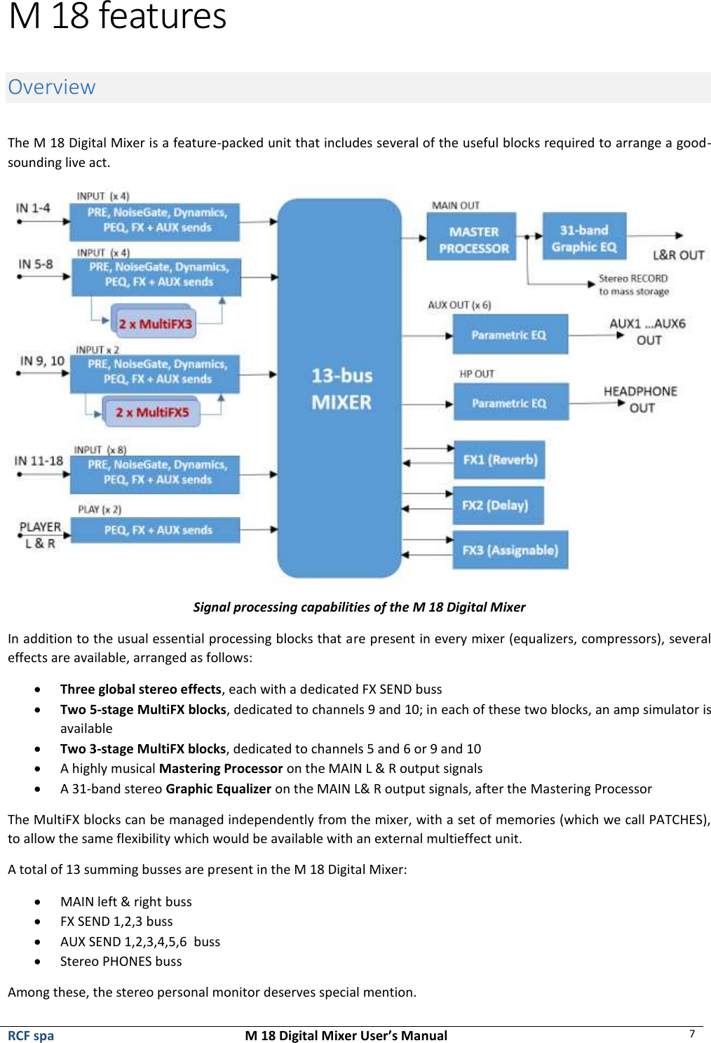  RCF spa  M 18 Digital Mixer User’s Manual 7  M 18 features  Overview  The M 18 Digital Mixer is a feature-packed unit that includes several of the useful blocks required to arrange a good-sounding live act.   Signal processing capabilities of the M 18 Digital Mixer In addition to the usual essential processing blocks that are present in every mixer (equalizers, compressors), several effects are available, arranged as follows: • Three global stereo effects, each with a dedicated FX SEND buss • Two 5-stage MultiFX blocks, dedicated to channels 9 and 10; in each of these two blocks, an amp simulator is available • Two 3-stage MultiFX blocks, dedicated to channels 5 and 6 or 9 and 10 • A highly musical Mastering Processor on the MAIN L &amp; R output signals • A 31-band stereo Graphic Equalizer on the MAIN L&amp; R output signals, after the Mastering Processor The MultiFX blocks can be managed independently from the mixer, with a set of memories (which we call PATCHES), to allow the same flexibility which would be available with an external multieffect unit. A total of 13 summing busses are present in the M 18 Digital Mixer: • MAIN left &amp; right buss • FX SEND 1,2,3 buss • AUX SEND 1,2,3,4,5,6  buss • Stereo PHONES buss Among these, the stereo personal monitor deserves special mention. 