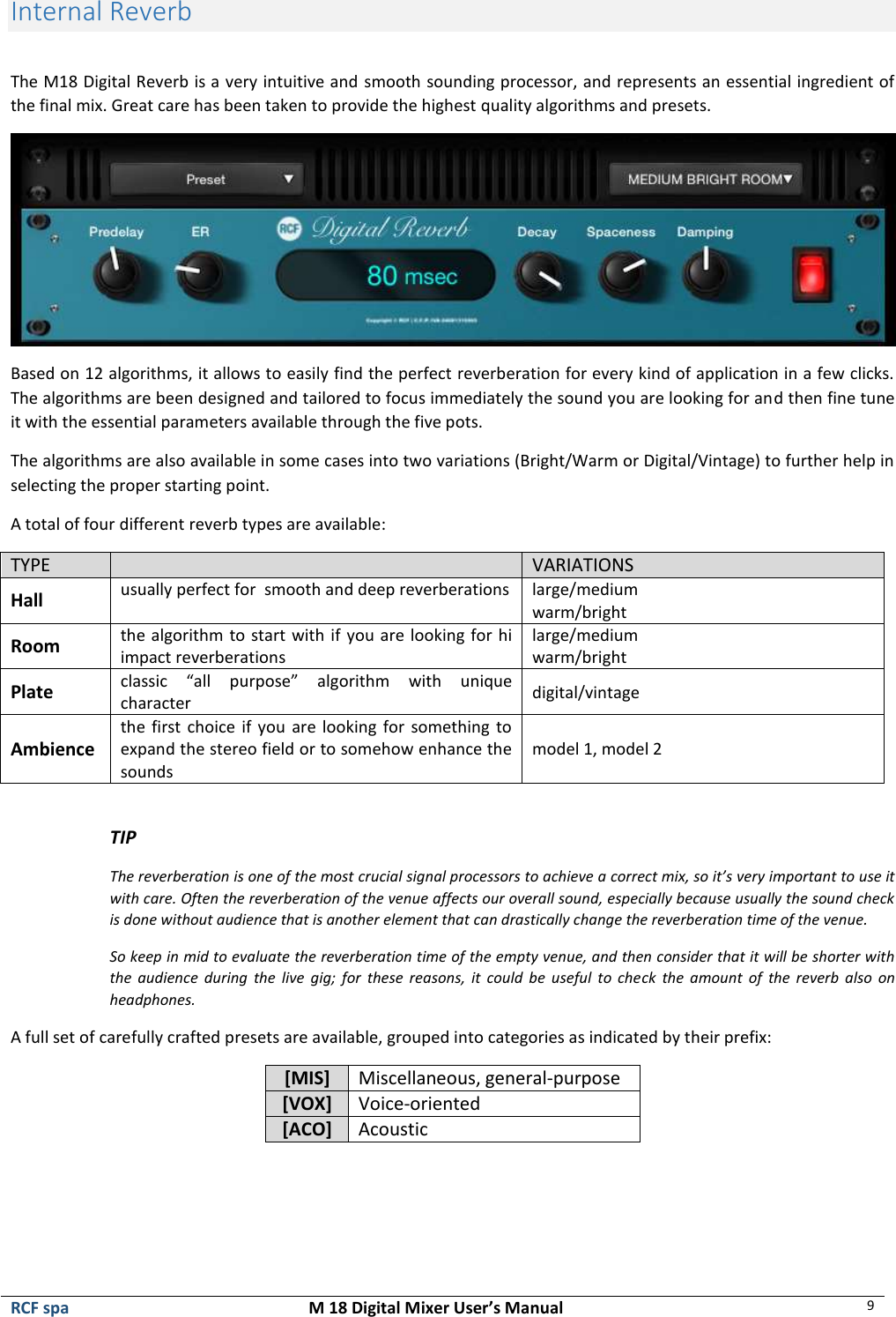  RCF spa  M 18 Digital Mixer User’s Manual 9  Internal Reverb  The M18 Digital Reverb is a very intuitive and smooth sounding processor, and represents an essential ingredient of the final mix. Great care has been taken to provide the highest quality algorithms and presets.  Based on 12 algorithms, it allows to easily find the perfect reverberation for every kind of application in a few clicks. The algorithms are been designed and tailored to focus immediately the sound you are looking for and then fine tune it with the essential parameters available through the five pots. The algorithms are also available in some cases into two variations (Bright/Warm or Digital/Vintage) to further help in selecting the proper starting point. A total of four different reverb types are available: TYPE  VARIATIONS Hall usually perfect for  smooth and deep reverberations large/medium warm/bright Room the algorithm to start with if you are looking for hi impact reverberations large/medium warm/bright Plate classic  “all  purpose”  algorithm  with  unique character digital/vintage Ambience the first choice if you  are looking for something to expand the stereo field or to somehow enhance the sounds  model 1, model 2  TIP The reverberation is one of the most crucial signal processors to achieve a correct mix, so it’s very important to use it with care. Often the reverberation of the venue affects our overall sound, especially because usually the sound check is done without audience that is another element that can drastically change the reverberation time of the venue. So keep in mid to evaluate the reverberation time of the empty venue, and then consider that it will be shorter with the  audience  during  the  live  gig;  for  these  reasons,  it  could  be  useful  to  check  the amount  of  the  reverb also  on headphones. A full set of carefully crafted presets are available, grouped into categories as indicated by their prefix: [MIS] Miscellaneous, general-purpose [VOX] Voice-oriented [ACO] Acoustic    