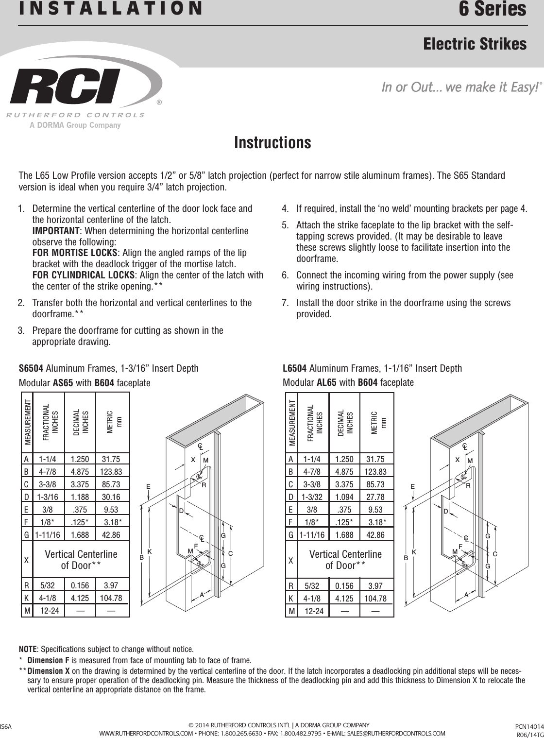 Page 1 of 6 - RCI  6 Series/7 Series Installation Instructions IS6A R0614