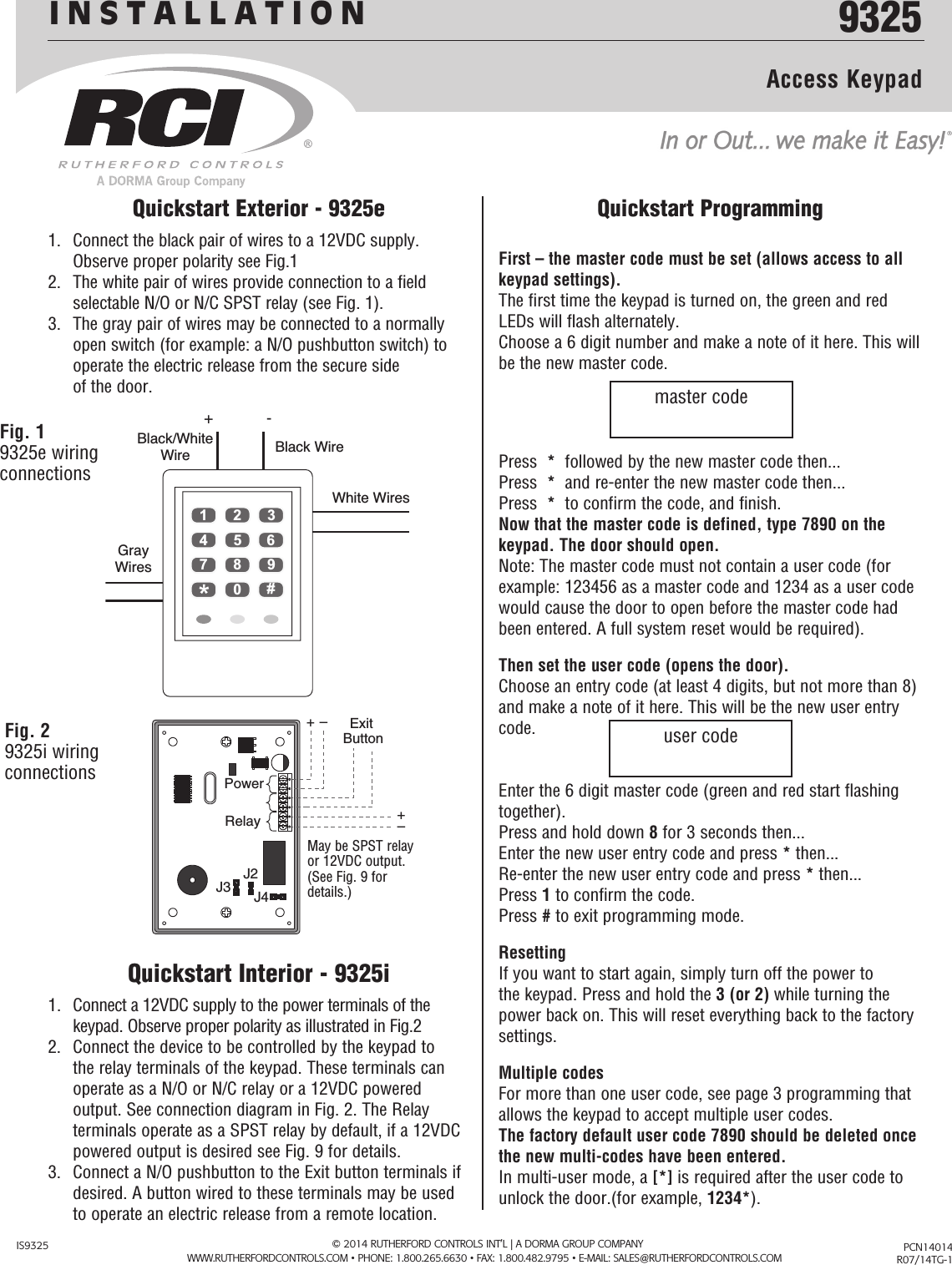 Page 1 of 8 - RCI  9325 Stand Alone Keypads Installation Instructions IS9325 R0714-1