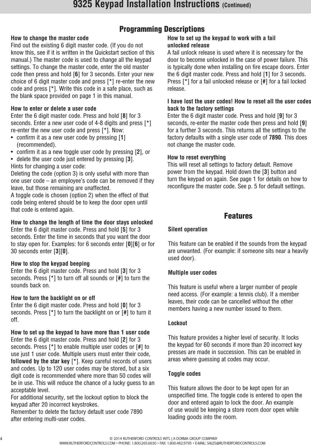 Page 4 of 8 - RCI  9325 Stand Alone Keypads Installation Instructions IS9325 R0714-1