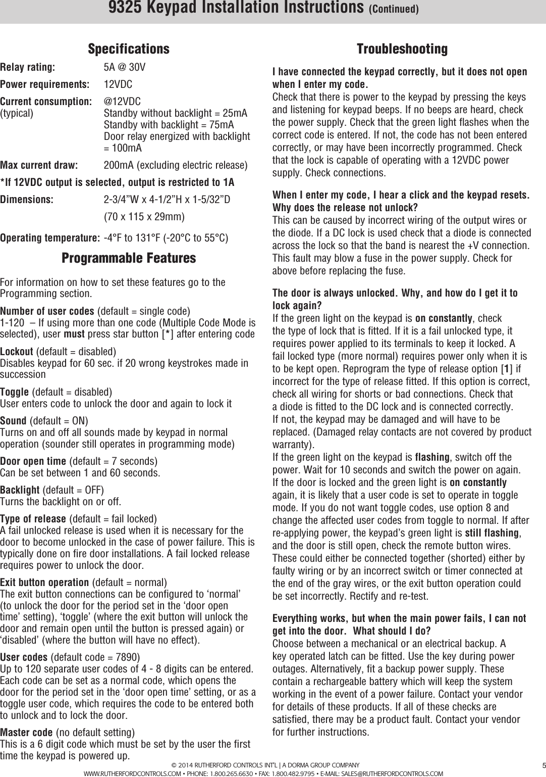 Page 5 of 8 - RCI  9325 Stand Alone Keypads Installation Instructions IS9325 R0714-1