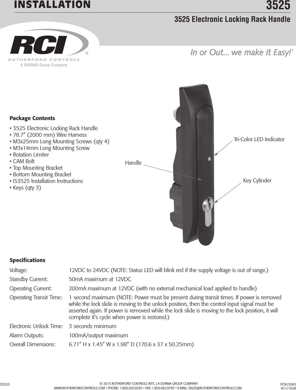 RCI 3525 Electromechanical Rack Handle Lock Installation Instructions ...