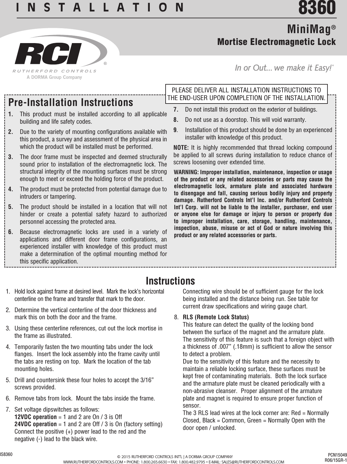 Page 1 of 4 - RCI  8360 Installation Instructions Is8360 R0615-1