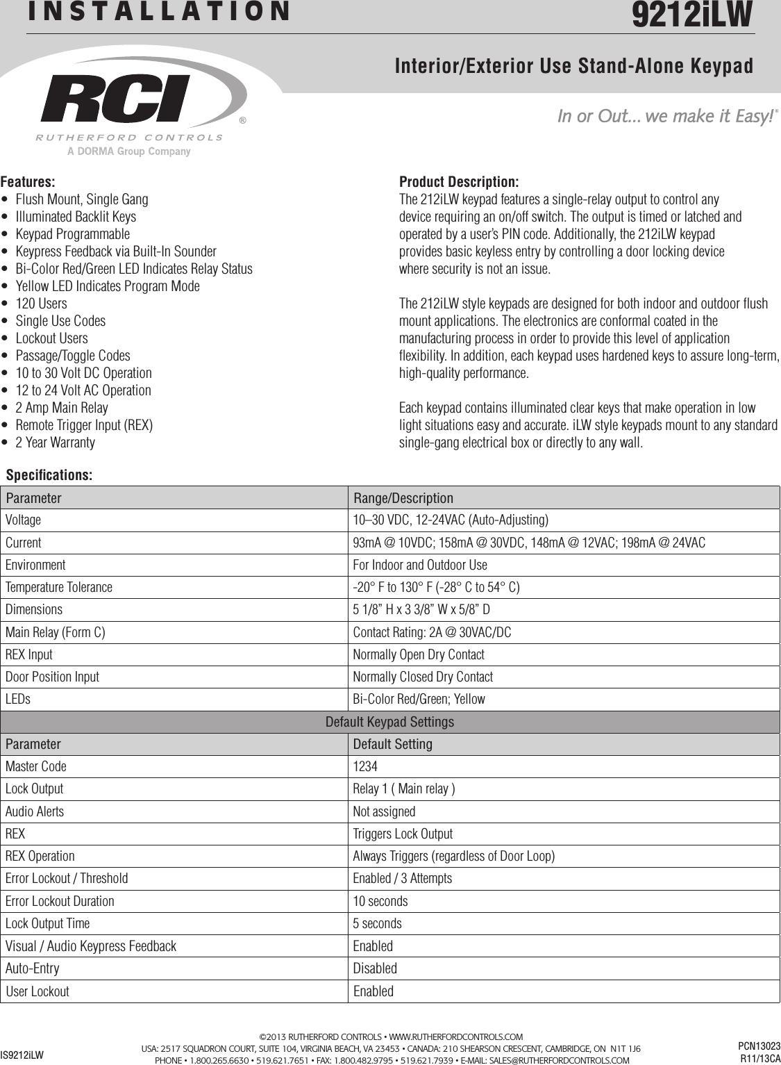 Page 1 of 6 - RCI  9212i LW Stand Alone Keypads Installation Instructions Is9212ilw R1113