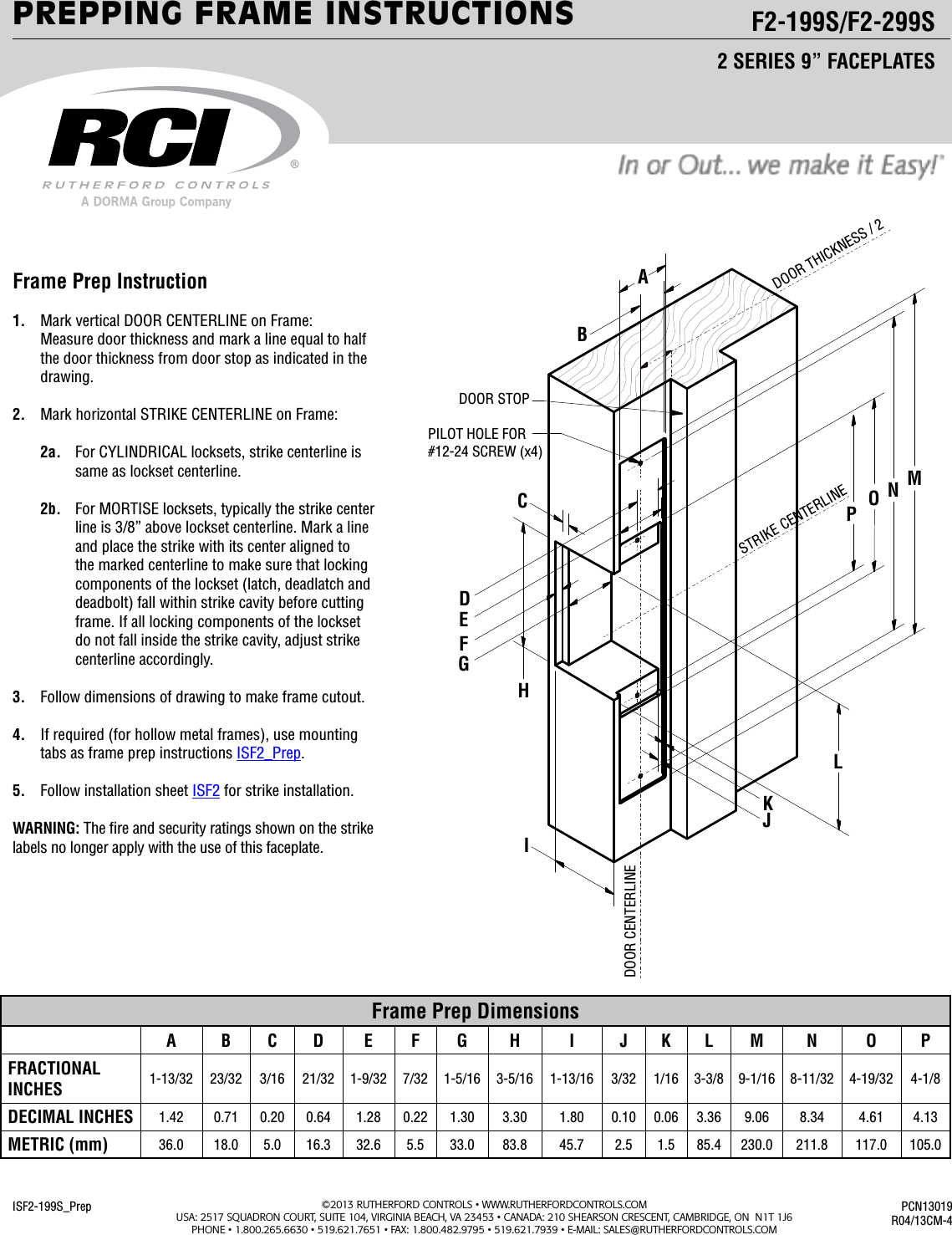 Page 1 of 1 - RCI  F2164/2364 9 Inch Faceplate Frame Prepping Instructions Isf2-199s R0413-4