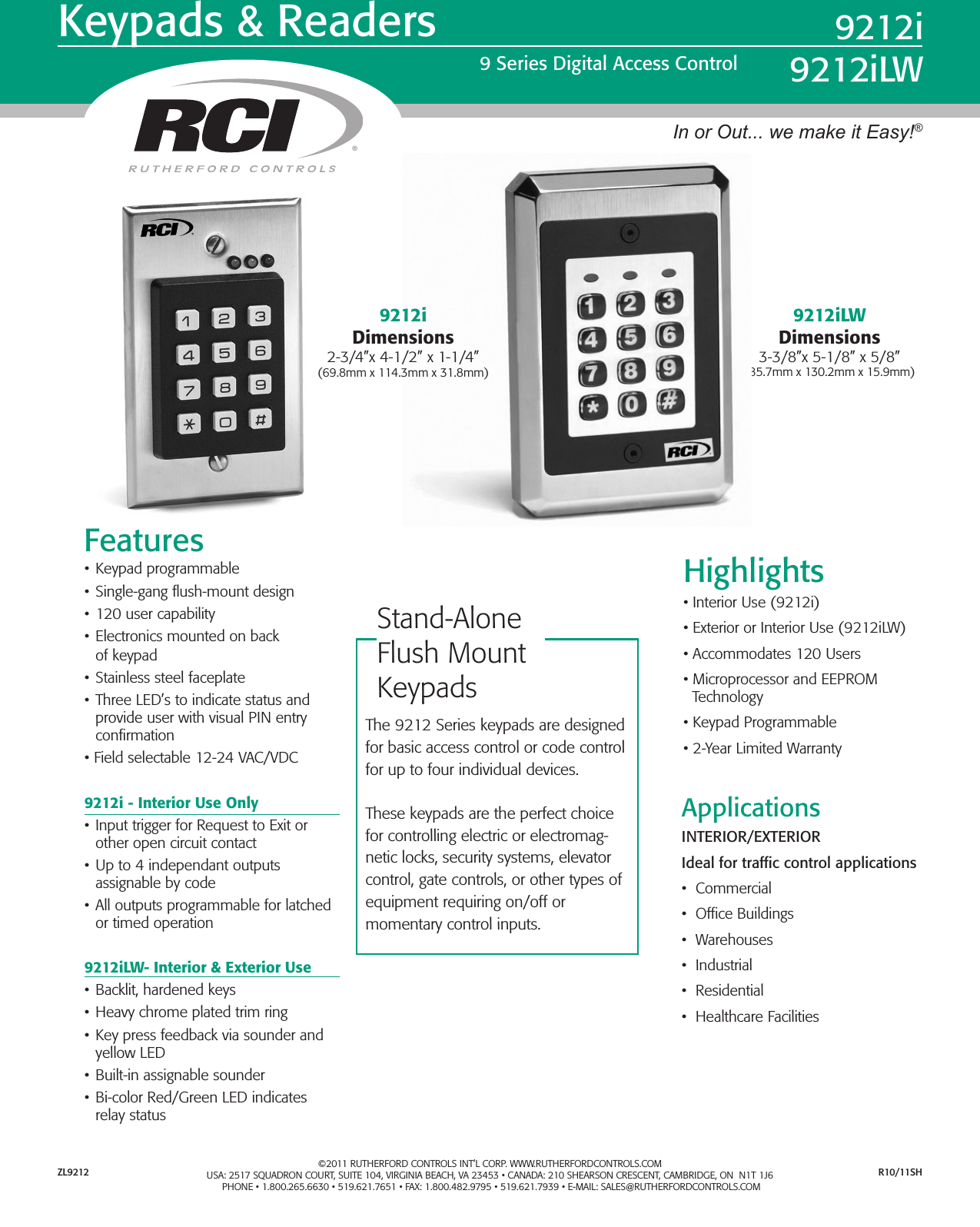 Page 1 of 2 - RCI  9212 Stand Alone Keypads Product Sheet Zl9212 R1011