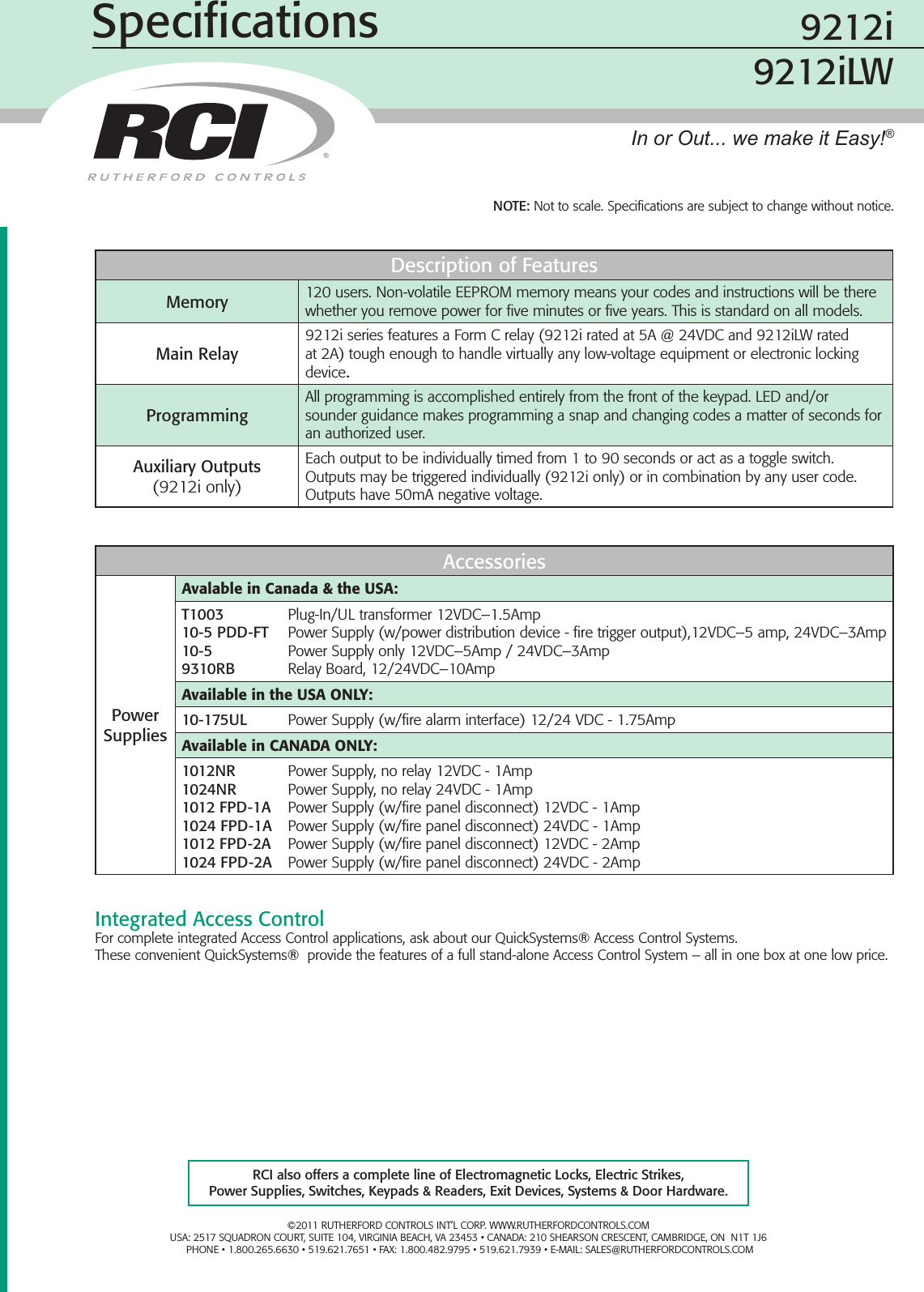 Page 2 of 2 - RCI  9212 Stand Alone Keypads Product Sheet Zl9212 R1011