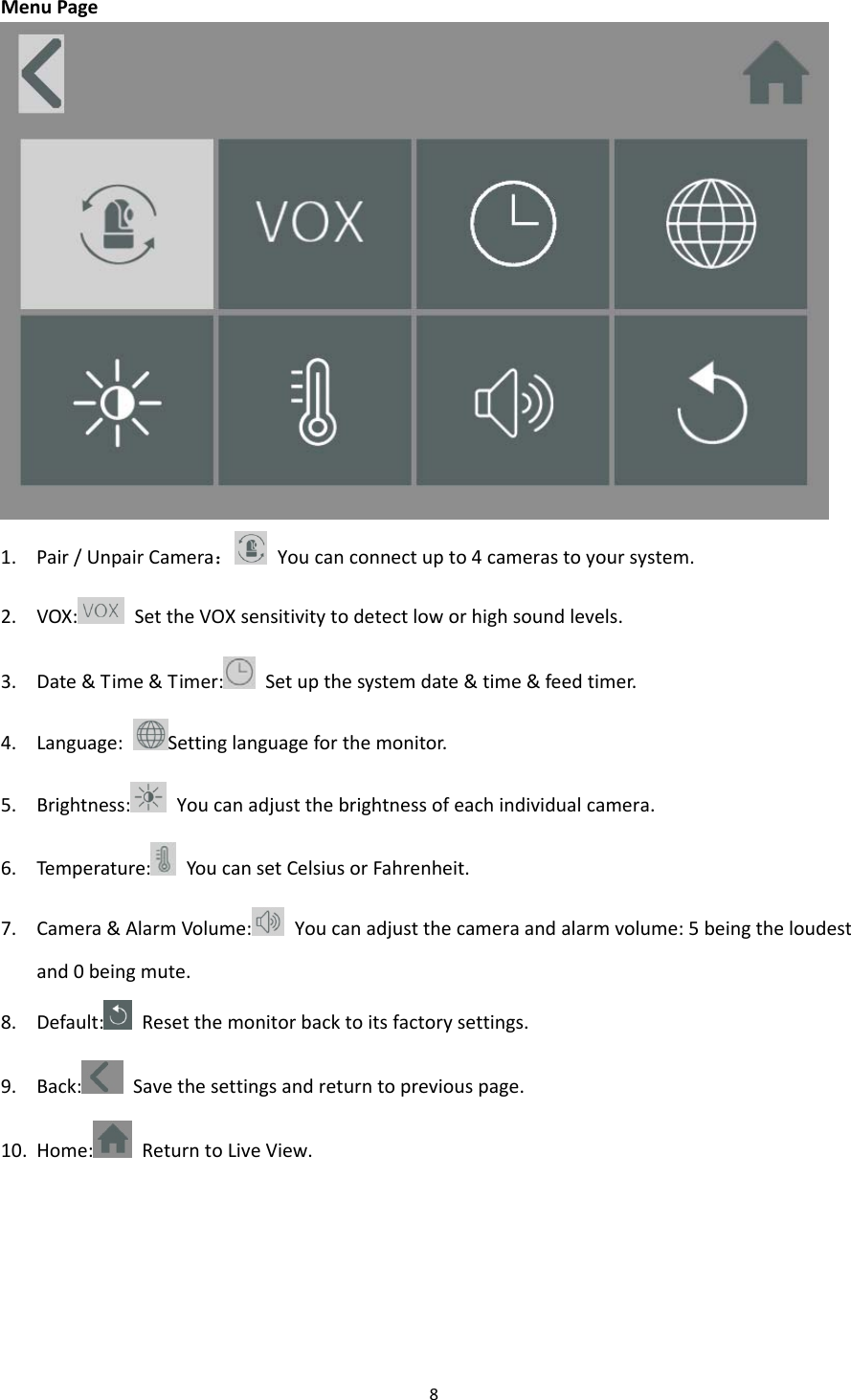 8MenuPage1. Pair/UnpairCamera：Youcanconnectupto4camerastoyoursystem.2. VOX: SettheVOXsensitivitytodetectloworhighsoundlevels.3. Date&amp;Time&amp;Timer: Setupthesystemdate&amp;time&amp;feedtimer.4. Language:Settinglanguageforthemonitor.5. Brightness: Youcanadjustthebrightnessofeachindividualcamera.6. Temperature: YoucansetCelsiusorFahrenheit.7. Camera&amp;AlarmVolume: Youcanadjustthecameraandalarmvolume:5beingtheloudestand0beingmute.8. Default: Resetthemonitorbacktoitsfactorysettings.9. Back: Savethesettingsandreturntopreviouspage.10. Home: ReturntoLiveView.