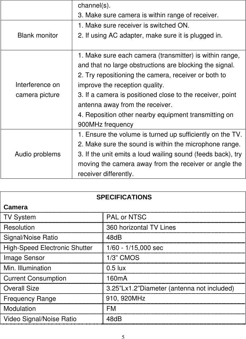  channel(s). 3. Make sure camera is within range of receiver.   Blank monitor 1. Make sure receiver is switched ON. 2. If using AC adapter, make sure it is plugged in.      Interference on camera picture 1. Make sure each camera (transmitter) is within range, and that no large obstructions are blocking the signal. 2. Try repositioning the camera, receiver or both to improve the reception quality. 3. If a camera is positioned close to the receiver, point antenna away from the receiver. 4. Reposition other nearby equipment transmitting on 900MHz frequency    Audio problems 1. Ensure the volume is turned up sufficiently on the TV.2. Make sure the sound is within the microphone range. 3. If the unit emits a loud wailing sound (feeds back), try moving the camera away from the receiver or angle the receiver differently.    Camera SPECIFICATIONS TV System  PAL or NTSC Resolution  360 horizontal TV Lines Signal/Noise Ratio  48dB High-Speed Electronic Shutter  1/60 - 1/15,000 sec Image Sensor  1/3” CMOS Min. Illumination  0.5 lux Current Consumption  160mA Overall Size  3.25”Lx1.2”Diameter (antenna not included) Frequency Range  900-930MHz Modulation FM Video Signal/Noise Ratio  48dB  5 910, 920MHz 