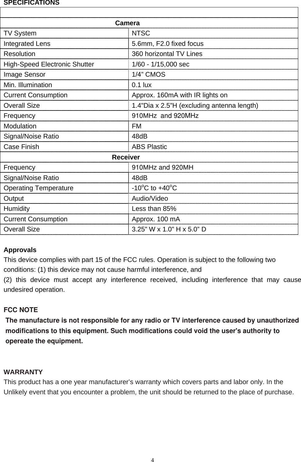  4SPECIFICATIONS  Camera TV System NTSC Integrated Lens  5.6mm, F2.0 fixed focus Resolution  360 horizontal TV Lines High-Speed Electronic Shutter  1/60 - 1/15,000 sec Image Sensor  1/4” CMOS Min. Illumination  0.1 lux   Current Consumption Approx. 160mA with IR lights on Overall Size  1.4&quot;Dia x 2.5”H (excluding antenna length) Frequency  910MHz  and 920MHzModulation FM Signal/Noise Ratio  48dB Case Finish ABS Plastic Receiver Frequency   910MHz and 920MHSignal/Noise Ratio  48dB Operating Temperature  -10oC to +40oC Output Audio/Video Humidity  Less than 85% Current Consumption  Approx. 100 mA Overall Size  3.25” W x 1.0” H x 5.0” D Approvals This device complies with part 15 of the FCC rules. Operation is subject to the following two conditions: (1) this device may not cause harmful interference, and   (2) this device must accept any interference received, including interference that may cause undesired operation.  FCC NOTE  The manufacture is not responsible for any radio or TV interference caused by unauthorized modifications to this equipment. Such modifications could void the user&apos;s authority to  opereate the equipment.  WARRANTY This product has a one year manufacturer’s warranty which covers parts and labor only. In the Unlikely event that you encounter a problem, the unit should be returned to the place of purchase. 