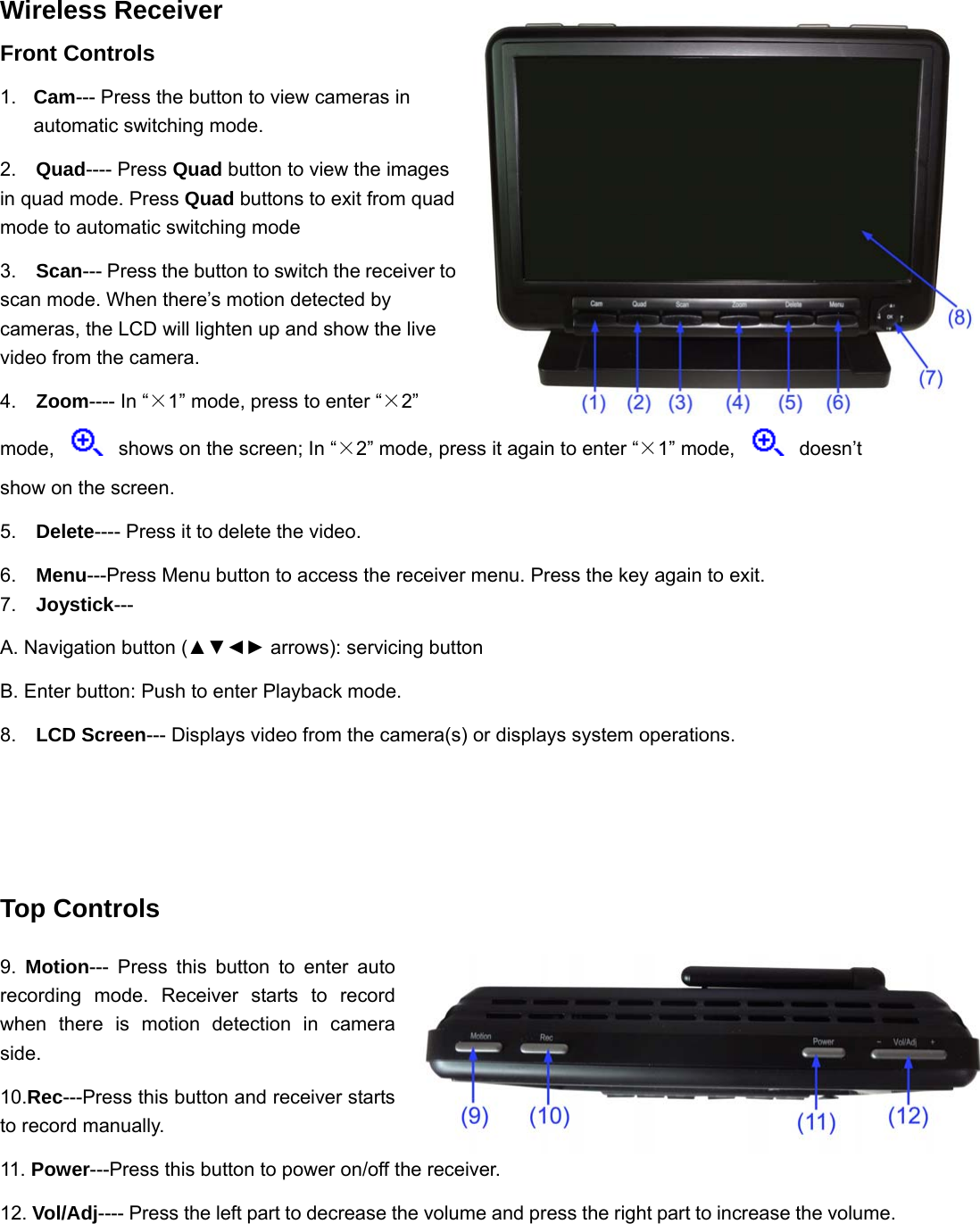 Wireless Receiver Front Controls 1.  Cam--- Press the button to view cameras in automatic switching mode. 2.  Quad---- Press Quad button to view the images in quad mode. Press Quad buttons to exit from quad mode to automatic switching mode 3.  Scan--- Press the button to switch the receiver to scan mode. When there’s motion detected by cameras, the LCD will lighten up and show the live video from the camera. 4.  Zoom---- In “×1” mode, press to enter “×2” mode,   shows on the screen; In “×2” mode, press it again to enter “×1” mode,   doesn’t show on the screen. 5.  Delete---- Press it to delete the video.   6.  Menu---Press Menu button to access the receiver menu. Press the key again to exit. 7.  Joystick--- A. Navigation button (▲▼◄► arrows): servicing button B. Enter button: Push to enter Playback mode.   8.  LCD Screen--- Displays video from the camera(s) or displays system operations.   Top Controls 9.  Motion--- Press this button to enter auto                                                  recording mode. Receiver starts to record when there is motion detection in camera side. 10.Rec---Press this button and receiver starts to record manually.    11. Power---Press this button to power on/off the receiver. 12. Vol/Adj---- Press the left part to decrease the volume and press the right part to increase the volume.  