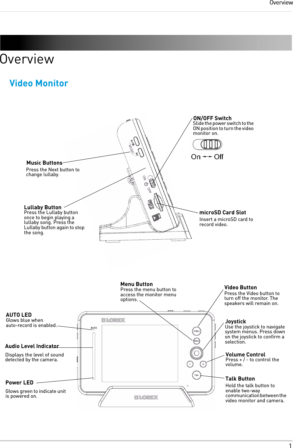 1OverviewOverviewVideo MonitorVideo ButtonPress the Video button to turn off the monitor. The speakers will remain on.Press the menu button to access the monitor menu options.JoystickUse the joystick to navigate system menus. Press down on the joystick to confirm a selection.Volume ControlPress + / - to control the volume.Audio Level IndicatorDisplays the level of sound detected by the camera.Menu ButtonTalk ButtonHold the talk button to enable two-way communication between the video monitor and camera.AUTO LEDGlows blue when auto-record is enabled.Press the Next button to change lullaby.ON/OFF SwitchSlide the power switch to the ON position to turn the video monitor on.Lullaby ButtonPress the Lullaby button once to begin playing a lullaby song. Press the Lullaby button again to stop the song.Music ButtonsmicroSD Card SlotInsert a microSD card to record video. Power LEDGlows green to indicate unit is powered on.