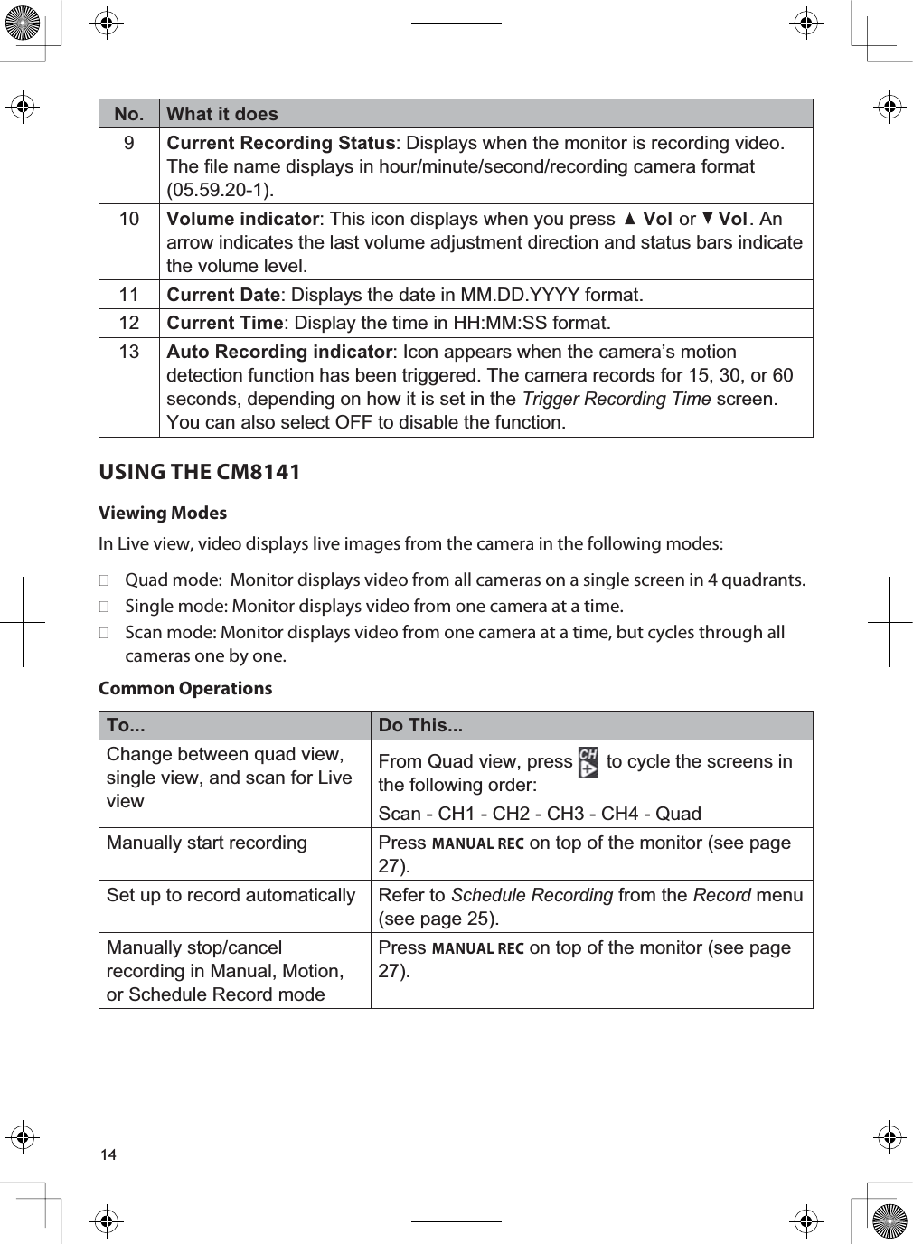 14No. What it does9Current Recording Status: Displays when the monitor is recording video. The file name displays in hour/minute/second/recording camera format (05.59.20-1).10 Volume indicator: This icon displays when you press  Vol  or  Vol. An arrow indicates the last volume adjustment direction and status bars indicate the volume level.11 Current Date: Displays the date in MM.DD.YYYY format.12 Current Time: Display the time in HH:MM:SS format.13 Auto Recording indicator: Icon appears when the camera’s motion detection function has been triggered. The camera records for 15, 30, or 60 seconds, depending on how it is set in the Trigger Recording Time screen. You can also select OFF to disable the function.USING THE CM8141Viewing ModesIn Live view, video displays live images from the camera in the following modes:Quad mode:  Monitor displays video from all cameras on a single screen in 4 quadrants.Single mode: Monitor displays video from one camera at a time.Scan mode: Monitor displays video from one camera at a time, but cycles through all cameras one by one.Common OperationsTo... Do This...Change between quad view, single view, and scan for Live viewFrom Quad view, press  to cycle the screens in the following order:Scan - CH1 - CH2 - CH3 - CH4 - QuadManually start recording PressMANUAL REC on top of the monitor (see page 27).Set up to record automatically Refer to Schedule Recording from the Record menu (see page 25).Manually stop/cancel recording in Manual, Motion, or Schedule Record modePressMANUAL REC on top of the monitor (see page 27).