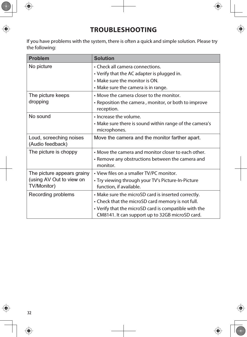 32TROUBLESHOOTINGIf you have problems with the system, there is often a quick and simple solution. Please try the following:Problem SolutionNo picture  rCheck all camera connections.rVerify that the AC adapter is plugged in.rMake sure the monitor is ON.rMake sure the camera is in range.The picture keeps droppingrMove the camera closer to the monitor.rReposition the camera , monitor, or both to improve reception.No sound rIncrease the volume.rMake sure there is sound within range of the camera’s microphones.Loud, screeching noises (Audio feedback)Move the camera and the monitor farther apart.The picture is choppy rMove the camera and monitor closer to each other.rRemove any obstructions between the camera and monitor.The picture appears grainy (using AV Out to view on TV/Monitor)rView les on a smaller TV/PC monitor. rTry viewing through your TV’s Picture-In-Picture function, if available.Recording problems rMake sure the microSD card is inserted correctly.rCheck that the microSD card memory is not full.rVerify that the microSD card is compatible with the CM8141. It can support up to 32GB microSD card.