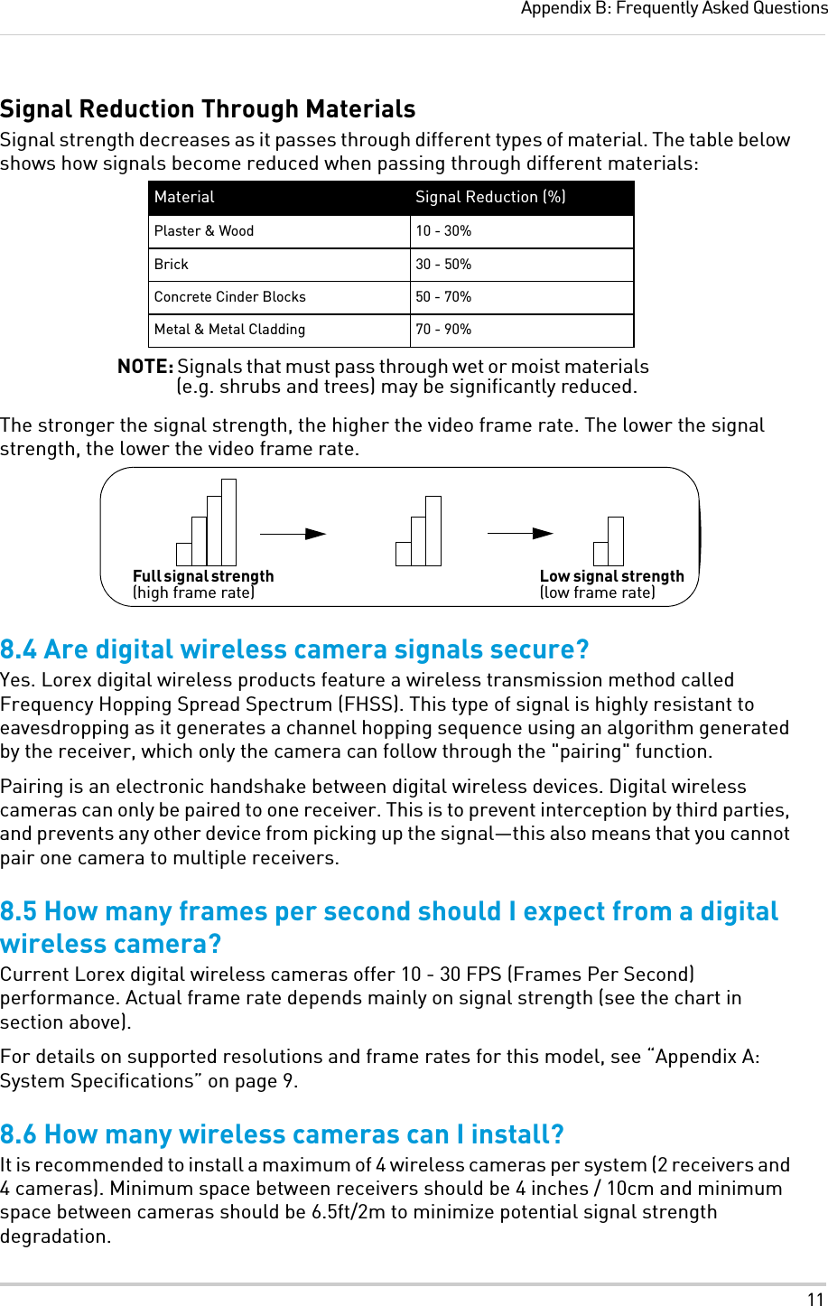 11Appendix B: Frequently Asked QuestionsSignal Reduction Through MaterialsSignal strength decreases as it passes through different types of material. The table below shows how signals become reduced when passing through different materials:The stronger the signal strength, the higher the video frame rate. The lower the signal strength, the lower the video frame rate.8.4 Are digital wireless camera signals secure?Yes. Lorex digital wireless products feature a wireless transmission method called Frequency Hopping Spread Spectrum (FHSS). This type of signal is highly resistant to eavesdropping as it generates a channel hopping sequence using an algorithm generated by the receiver, which only the camera can follow through the &quot;pairing&quot; function. Pairing is an electronic handshake between digital wireless devices. Digital wireless cameras can only be paired to one receiver. This is to prevent interception by third parties, and prevents any other device from picking up the signal—this also means that you cannot pair one camera to multiple receivers.8.5 How many frames per second should I expect from a digital wireless camera?Current Lorex digital wireless cameras offer 10 - 30 FPS (Frames Per Second) performance. Actual frame rate depends mainly on signal strength (see the chart in section above).For details on supported resolutions and frame rates for this model, see “Appendix A: System Specifications” on page 9.8.6 How many wireless cameras can I install?It is recommended to install a maximum of 4 wireless cameras per system (2 receivers and 4 cameras). Minimum space between receivers should be 4 inches / 10cm and minimum space between cameras should be 6.5ft/2m to minimize potential signal strength degradation.Material Signal Reduction (%)Plaster &amp; Wood 10 - 30%Brick 30 - 50%Concrete Cinder Blocks 50 - 70%Metal &amp; Metal Cladding 70 - 90%NOTE: Signals that must pass through wet or moist materials (e.g. shrubs and trees) may be significantly reduced.Full signal strength (high frame rate) Low signal strength (low frame rate)