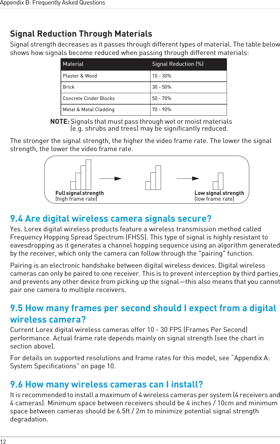 12Appendix B: Frequently Asked QuestionsSignal Reduction Through MaterialsSignal strength decreases as it passes through different types of material. The table below shows how signals become reduced when passing through different materials:Material Signal Reduction (%)Plaster &amp; Wood 10 - 30%Brick 30 - 50%Concrete Cinder Blocks 50 - 70%Metal &amp; Metal Cladding 70 - 90%NOTE: Signals that must pass through wet or moist materials (e.g. shrubs and trees) may be significantly reduced.The stronger the signal strength, the higher the video frame rate. The lower the signal strength, the lower the video frame rate.Full signal strength (high frame rate) Low signal strength (low frame rate)9.4 Are digital wireless camera signals secure?Yes. Lorex digital wireless products feature a wireless transmission method called Frequency Hopping Spread Spectrum (FHSS). This type of signal is highly resistant to eavesdropping as it generates a channel hopping sequence using an algorithm generated by the receiver, which only the camera can follow through the &quot;pairing&quot; function. Pairing is an electronic handshake between digital wireless devices. Digital wireless cameras can only be paired to one receiver. This is to prevent interception by third parties, and prevents any other device from picking up the signal—this also means that you cannot pair one camera to multiple receivers.9.5 How many frames per second should I expect from a digital wireless camera?Current Lorex digital wireless cameras offer 10 - 30 FPS (Frames Per Second) performance. Actual frame rate depends mainly on signal strength (see the chart in section above).For details on supported resolutions and frame rates for this model, see “Appendix A: System Specifications” on page 10.9.6 How many wireless cameras can I install?It is recommended to install a maximum of 4 wireless cameras per system (4 receivers and 4 cameras). Minimum space between receivers should be 4 inches / 10cm and minimum space between cameras should be 6.5ft / 2m to minimize potential signal strength degradation.