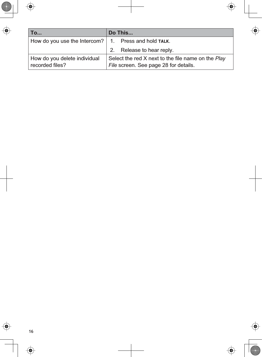 16To... Do This...How do you use the Intercom? 1. Press and hold TALK.2. Release to hear reply.How do you delete individual recorded files?Select the red X next to the file name on the Play File screen. See page 28 for details.