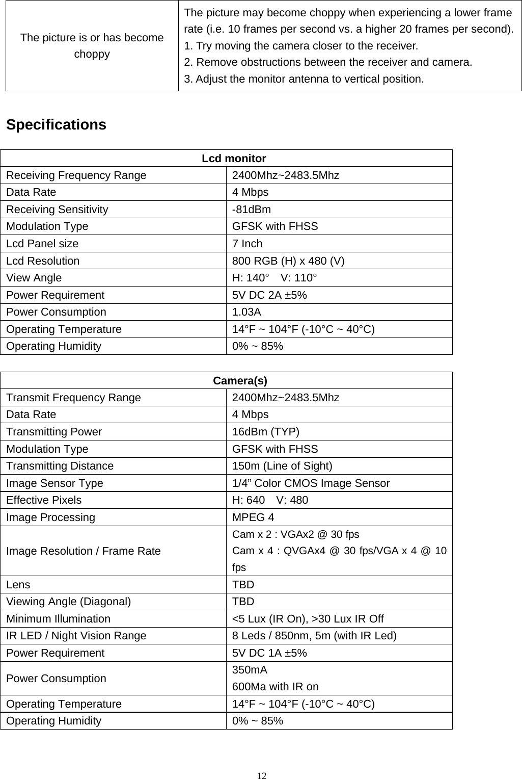  12The picture is or has become choppy The picture may become choppy when experiencing a lower frame rate (i.e. 10 frames per second vs. a higher 20 frames per second).1. Try moving the camera closer to the receiver. 2. Remove obstructions between the receiver and camera. 3. Adjust the monitor antenna to vertical position. Specifications                                    Lcd monitor Receiving Frequency Range 2400Mhz~2483.5Mhz Data Rate 4 Mbps Receiving Sensitivity -81dBm Modulation Type GFSK with FHSS Lcd Panel size 7 Inch Lcd Resolution  800 RGB (H) x 480 (V) View Angle  H: 140°    V: 110° Power Requirement  5V DC 2A ±5% Power Consumption  1.03A Operating Temperature  14°F ~ 104°F (-10°C ~ 40°C) Operating Humidity  0% ~ 85%                                       Camera(s) Transmit Frequency Range  2400Mhz~2483.5Mhz Data Rate  4 Mbps Transmitting Power  16dBm (TYP) Modulation Type  GFSK with FHSS Transmitting Distance  150m (Line of Sight) Image Sensor Type  1/4” Color CMOS Image Sensor Effective Pixels  H: 640    V: 480 Image Processing  MPEG 4 Image Resolution / Frame Rate Cam x 2 : VGAx2 @ 30 fps   Cam x 4 : QVGAx4 @ 30 fps/VGA x 4 @ 10 fps Lens TBD Viewing Angle (Diagonal)  TBD Minimum Illumination  &lt;5 Lux (IR On), &gt;30 Lux IR Off IR LED / Night Vision Range  8 Leds / 850nm, 5m (with IR Led)   Power Requirement  5V DC 1A ±5% Power Consumption  350mA 600Ma with IR on Operating Temperature  14°F ~ 104°F (-10°C ~ 40°C) Operating Humidity  0% ~ 85%   