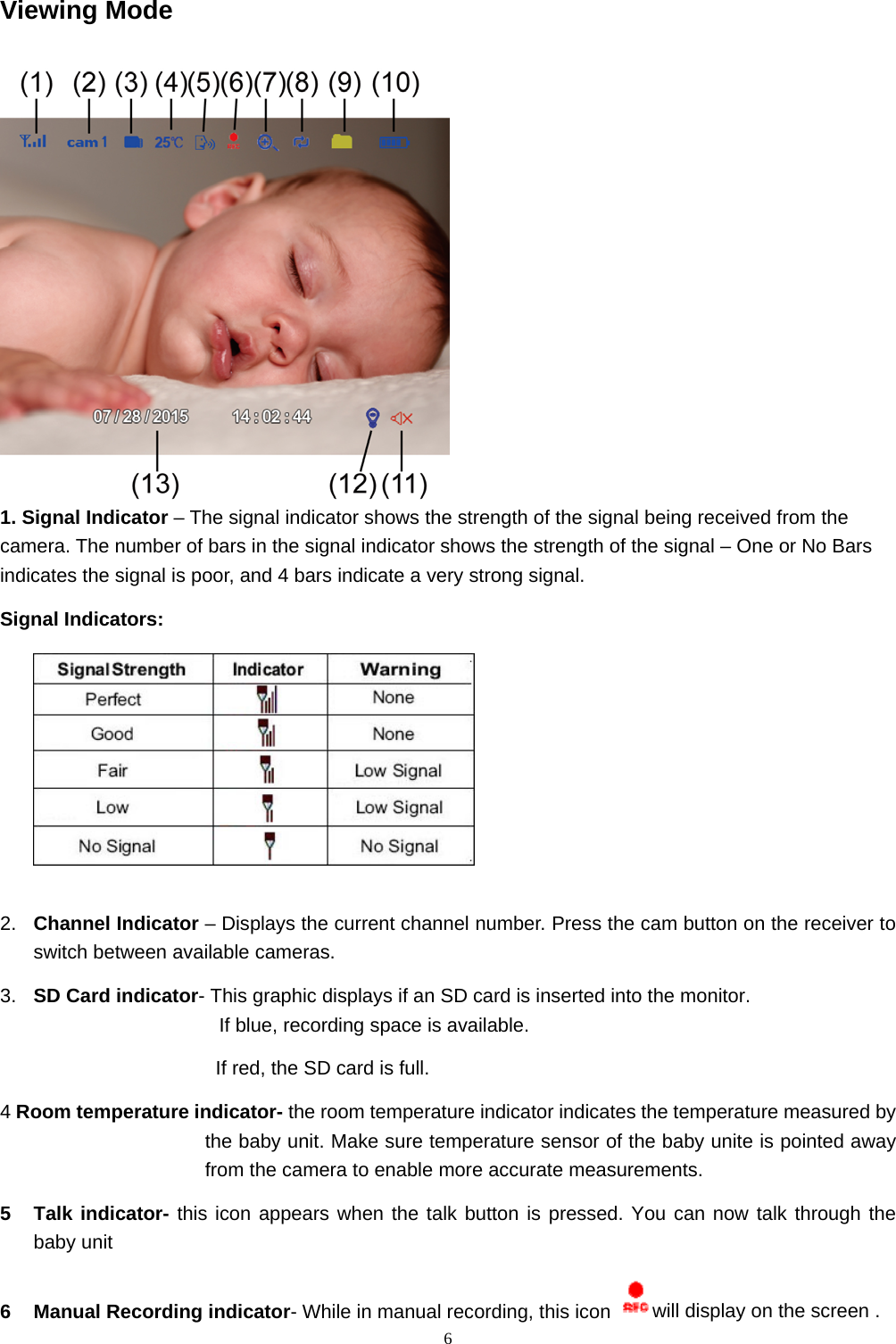  6Viewing Mode  1. Signal Indicator – The signal indicator shows the strength of the signal being received from the camera. The number of bars in the signal indicator shows the strength of the signal – One or No Bars indicates the signal is poor, and 4 bars indicate a very strong signal. Signal Indicators:       2.  Channel Indicator – Displays the current channel number. Press the cam button on the receiver to switch between available cameras. 3.  SD Card indicator- This graphic displays if an SD card is inserted into the monitor.                      If blue, recording space is available.                       If red, the SD card is full. 4 Room temperature indicator- the room temperature indicator indicates the temperature measured by the baby unit. Make sure temperature sensor of the baby unite is pointed away from the camera to enable more accurate measurements. 5 Talk indicator- this icon appears when the talk button is pressed. You can now talk through the baby unit 6  Manual Recording indicator- While in manual recording, this icon  will display on the screen .   