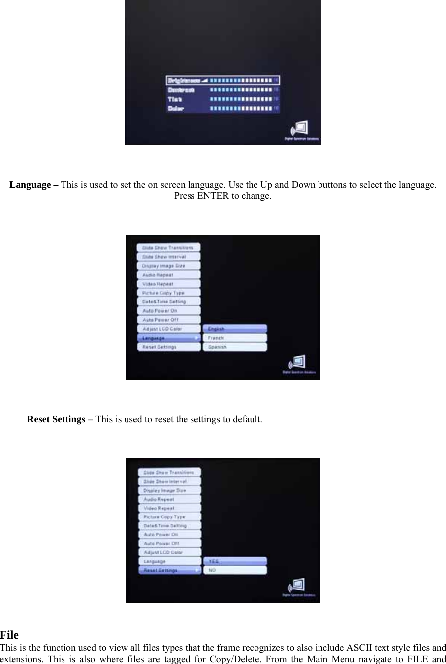   Language – This is used to set the on screen language. Use the Up and Down buttons to select the language. Press ENTER to change.         Reset Settings – This is used to reset the settings to default.       File   This is the function used to view all files types that the frame recognizes to also include ASCII text style files and extensions. This is also where files are tagged for Copy/Delete. From the Main Menu navigate to FILE and 