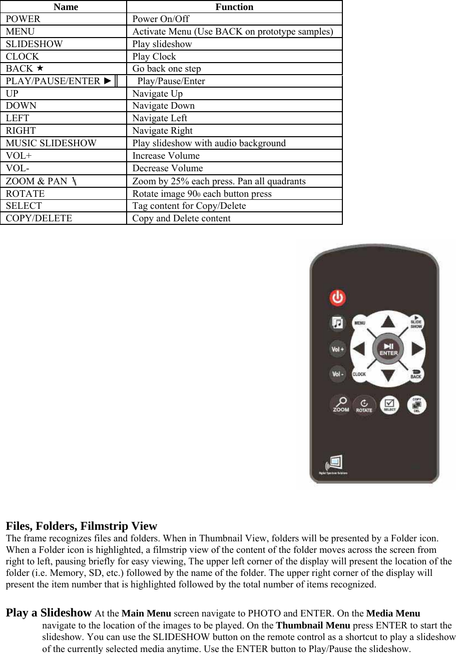  Name  Function   POWER   Power On/Off  MENU    Activate Menu (Use BACK on prototype samples) SLIDESHOW   Play slideshow  CLOCK   Play Clock  BACK    Go back one step   PLAY/PAUSE/ENTER ►║   Play/Pause/Enter  UP   Navigate Up  DOWN   Navigate Down  LEFT   Navigate Left  RIGHT   Navigate Right  MUSIC SLIDESHOW    Play slideshow with audio background   VOL+   Increase Volume  VOL- Decrease Volume  ZOOM &amp; PAN    Zoom by 25% each press. Pan all quadrants   ROTATE    Rotate image 900 each button press   SELECT    Tag content for Copy/Delete   COPY/DELETE    Copy and Delete content       Files, Folders, Filmstrip View   The frame recognizes files and folders. When in Thumbnail View, folders will be presented by a Folder icon. When a Folder icon is highlighted, a filmstrip view of the content of the folder moves across the screen from right to left, pausing briefly for easy viewing, The upper left corner of the display will present the location of the folder (i.e. Memory, SD, etc.) followed by the name of the folder. The upper right corner of the display will present the item number that is highlighted followed by the total number of items recognized.   Play a Slideshow At the Main Menu screen navigate to PHOTO and ENTER. On the Media Menu navigate to the location of the images to be played. On the Thumbnail Menu press ENTER to start the slideshow. You can use the SLIDESHOW button on the remote control as a shortcut to play a slideshow of the currently selected media anytime. Use the ENTER button to Play/Pause the slideshow.   