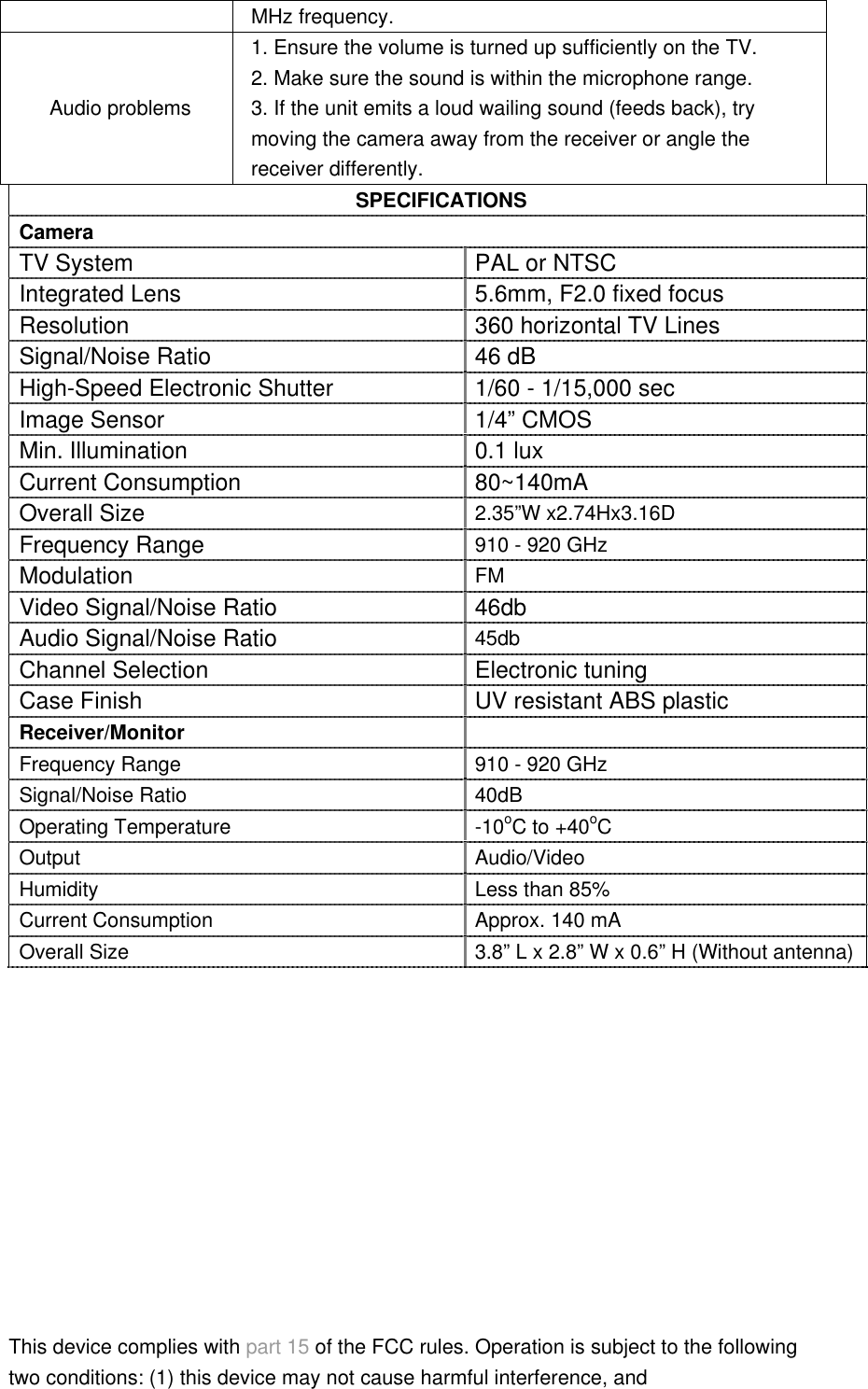 MHz frequency. Audio problems 1. Ensure the volume is turned up sufficiently on the TV. 2. Make sure the sound is within the microphone range. 3. If the unit emits a loud wailing sound (feeds back), try moving the camera away from the receiver or angle the receiver differently. SPECIFICATIONS Camera TV System PAL or NTSC Integrated Lens 5.6mm, F2.0 fixed focus Resolution 360 horizontal TV Lines Signal/Noise Ratio 46 dB   High-Speed Electronic Shutter 1/60 - 1/15,000 sec Image Sensor 1/4” CMOS Min. Illumination 0.1 lux   Current Consumption 80~140mA Overall Size 2.35”W x2.74Hx3.16D Frequency Range 910 - 920 GHz Modulation FM Video Signal/Noise Ratio 46db Audio Signal/Noise Ratio 45db Channel Selection Electronic tuning Case Finish UV resistant ABS plastic   Receiver/Monitor   Frequency Range 910 - 920 GHz Signal/Noise Ratio  40dB Operating Temperature  -10oC to +40oC Output Audio/Video Humidity  Less than 85% Current Consumption  Approx. 140 mA Overall Size  3.8” L x 2.8” W x 0.6” H (Without antenna)            This device complies with part 15 of the FCC rules. Operation is subject to the following two conditions: (1) this device may not cause harmful interference, and   