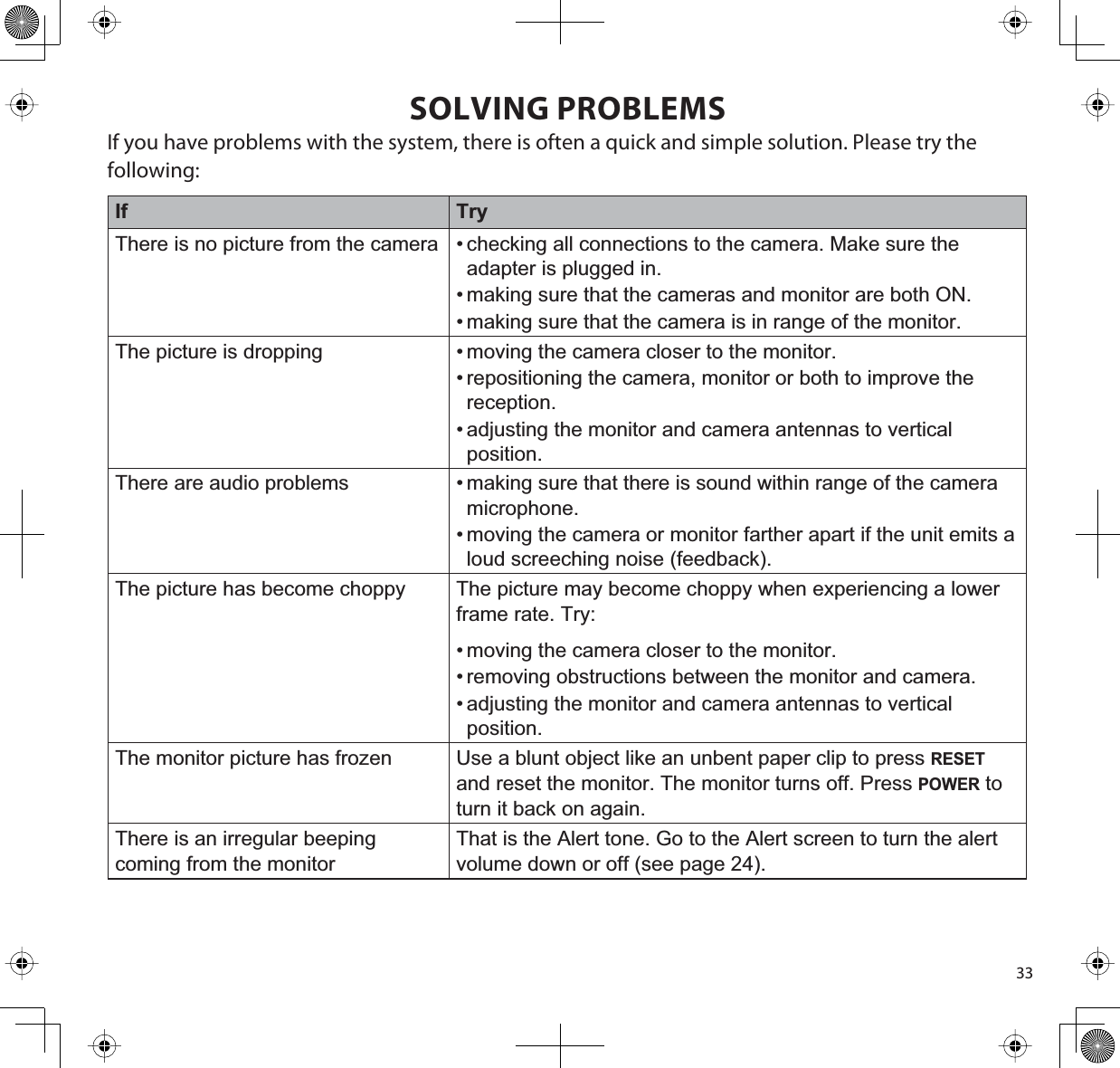 33SOLVING PROBLEMSIf you have problems with the system, there is often a quick and simple solution. Please try the following:If TryThere is no picture from the camera • checking all connections to the camera. Make sure the adapter is plugged in.• making sure that the cameras and monitor are both ON.• making sure that the camera is in range of the monitor.The picture is dropping • moving the camera closer to the monitor.• repositioning the camera, monitor or both to improve the reception.• adjusting the monitor and camera antennas to vertical position.There are audio problems • making sure that there is sound within range of the camera microphone.• moving the camera or monitor farther apart if the unit emits a loud screeching noise (feedback). The picture has become choppy The picture may become choppy when experiencing a lower frame rate. Try:• moving the camera closer to the monitor.• removing obstructions between the monitor and camera.• adjusting the monitor and camera antennas to vertical position.The monitor picture has frozen Use a blunt object like an unbent paper clip to press RESETand reset the monitor. The monitor turns off. Press POWER to turn it back on again. There is an irregular beeping coming from the monitorThat is the Alert tone. Go to the Alert screen to turn the alert volume down or off (see page 24).