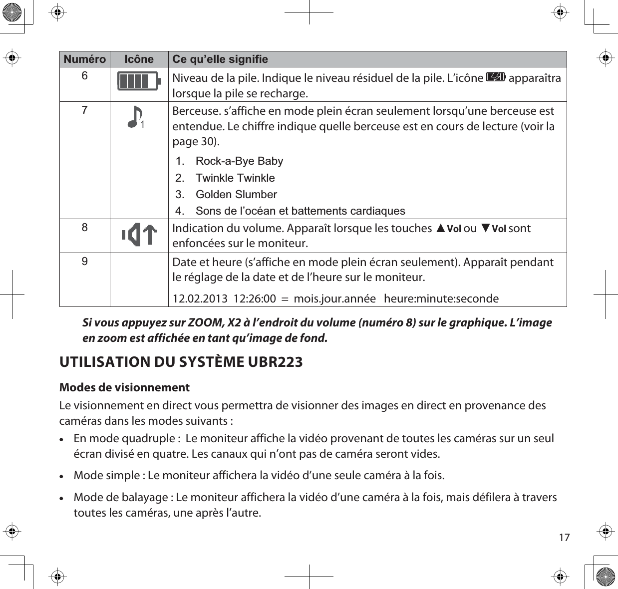 17Numéro Icône Ce qu’elle signifie6Niveau de la pile. Indique le niveau résiduel de la pile. L’icône   apparaîtra lorsque la pile se recharge.71Berceuse. s’affiche en mode plein écran seulement lorsqu’une berceuse est entendue. Le chiffre indique quelle berceuse est en cours de lecture (voir la page 30).1. Rock-a-Bye Baby2. Twinkle Twinkle3. Golden Slumber4. Sons de l’océan et battements cardiaques8Indication du volume. Apparaît lorsque les touches ŸVolou źVolsontenfoncées sur le moniteur.9Date et heure (s’affiche en mode plein écran seulement). Apparaît pendant le réglage de la date et de l’heure sur le moniteur. 12.02.2013  12:26:00  =  mois.jour.année   heure:minute:secondeSi vous appuyez sur ZOOM, X2 à l’endroit du volume (numéro 8) sur le graphique. L’image en zoom est affichée en tant qu’image de fond.UTILISATION DU SYSTÈME UBR223Modes de visionnementLe visionnement en direct vous permettra de visionner des images en direct en provenance des caméras dans les modes suivants :xEn mode quadruple :  Le moniteur affiche la vidéo provenant de toutes les caméras sur un seul écran divisé en quatre. Les canaux qui n’ont pas de caméra seront vides.xMode simple : Le moniteur affichera la vidéo d’une seule caméra à la fois.xMode de balayage : Le moniteur affichera la vidéo d’une caméra à la fois, mais défilera à travers toutes les caméras, une après l’autre.
