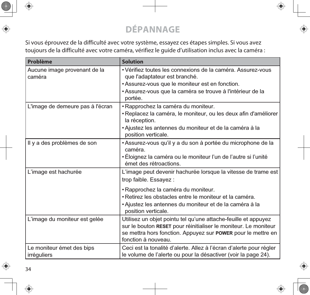 34DÉPANNAGESi vous éprouvez de la difficulté avec votre système, essayez ces étapes simples. Si vous avez toujours de la difficulté avec votre caméra, vérifiez le guide d’utilisation inclus avec la caméra :Problème SolutionAucune image provenant de la caméra• Vérifiez toutes les connexions de la caméra. Assurez-vous que l&apos;adaptateur est branché.• Assurez-vous que le moniteur est en fonction.• Assurez-vous que la caméra se trouve à l&apos;intérieur de la portée.L&apos;image de demeure pas à l&apos;écran • Rapprochez la caméra du moniteur. • Replacez la caméra, le moniteur, ou les deux afin d&apos;améliorer la réception. • Ajustez les antennes du moniteur et de la caméra à la position verticale.Il y a des problèmes de son • Assurez-vous qu’il y a du son à portée du microphone de la caméra.• Éloignez la caméra ou le moniteur l’un de l’autre si l’unité émet des rétroactions.L’image est hachurée L’image peut devenir hachurée lorsque la vitesse de trame est trop faible. Essayez :• Rapprochez la caméra du moniteur.• Retirez les obstacles entre le moniteur et la caméra.• Ajustez les antennes du moniteur et de la caméra à la position verticale.L’image du moniteur est gelée Utilisez un objet pointu tel qu’une attache-feuille et appuyez sur le bouton RESET pour réinitialiser le moniteur. Le moniteur se mettra hors fonction. Appuyez sur POWER pour le mettre en fonction à nouveau.Le moniteur émet des bips irréguliersCeci est la tonalité d’alerte. Allez à l’écran d’alerte pour régler le volume de l’alerte ou pour la désactiver (voir la page 24).