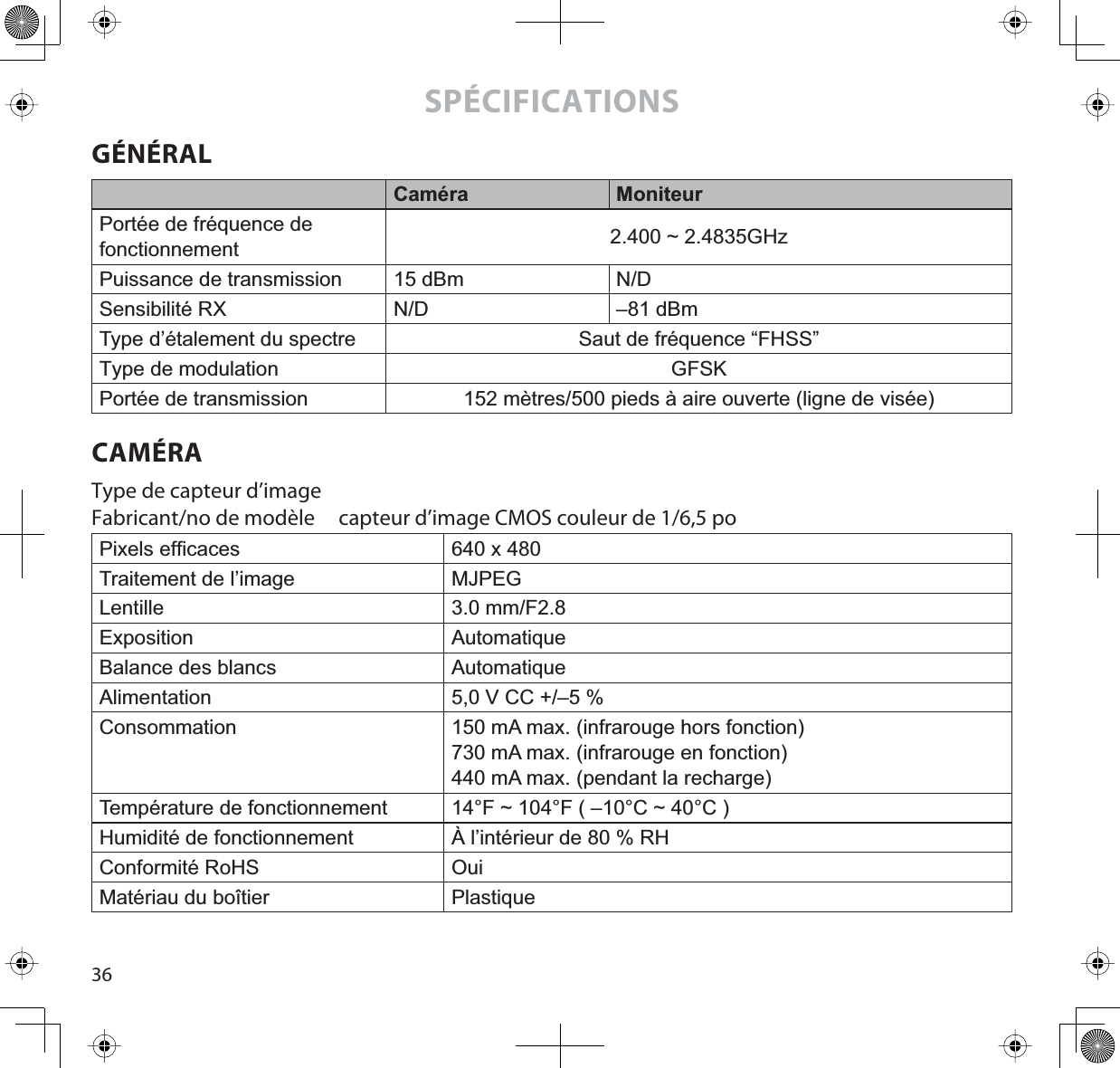 36SPÉCIFICATIONSGÉNÉRALCaméra MoniteurPortée de fréquence de fonctionnement 2.400 ~ 2.4835GHzPuissance de transmission 15 dBm N/DSensibilité RX N/D –81 dBmType d’étalement du spectre Saut de fréquence “FHSS”Type de modulation GFSKPortée de transmission 152 mètres/500 pieds à aire ouverte (ligne de visée)CAMÉRAType de capteur d’imageFabricant/no de modèle capteur d’image CMOS couleur de 1/6,5 po3L[HOVHI¿FDFHV 640 x 480Traitement de l’image MJPEGLentille 3.0 mm/F2.8Exposition AutomatiqueBalance des blancs AutomatiqueAlimentation 5,0 V CC +/–5 %Consommation 150 mA max. (infrarouge hors fonction)730 mA max. (infrarouge en fonction)440 mA max. (pendant la recharge)Température de fonctionnement 14°F ~ 104°F ( –10°C ~ 40°C )Humidité de fonctionnement  À l’intérieur de 80 % RHConformité RoHS OuiMatériau du boîtier Plastique