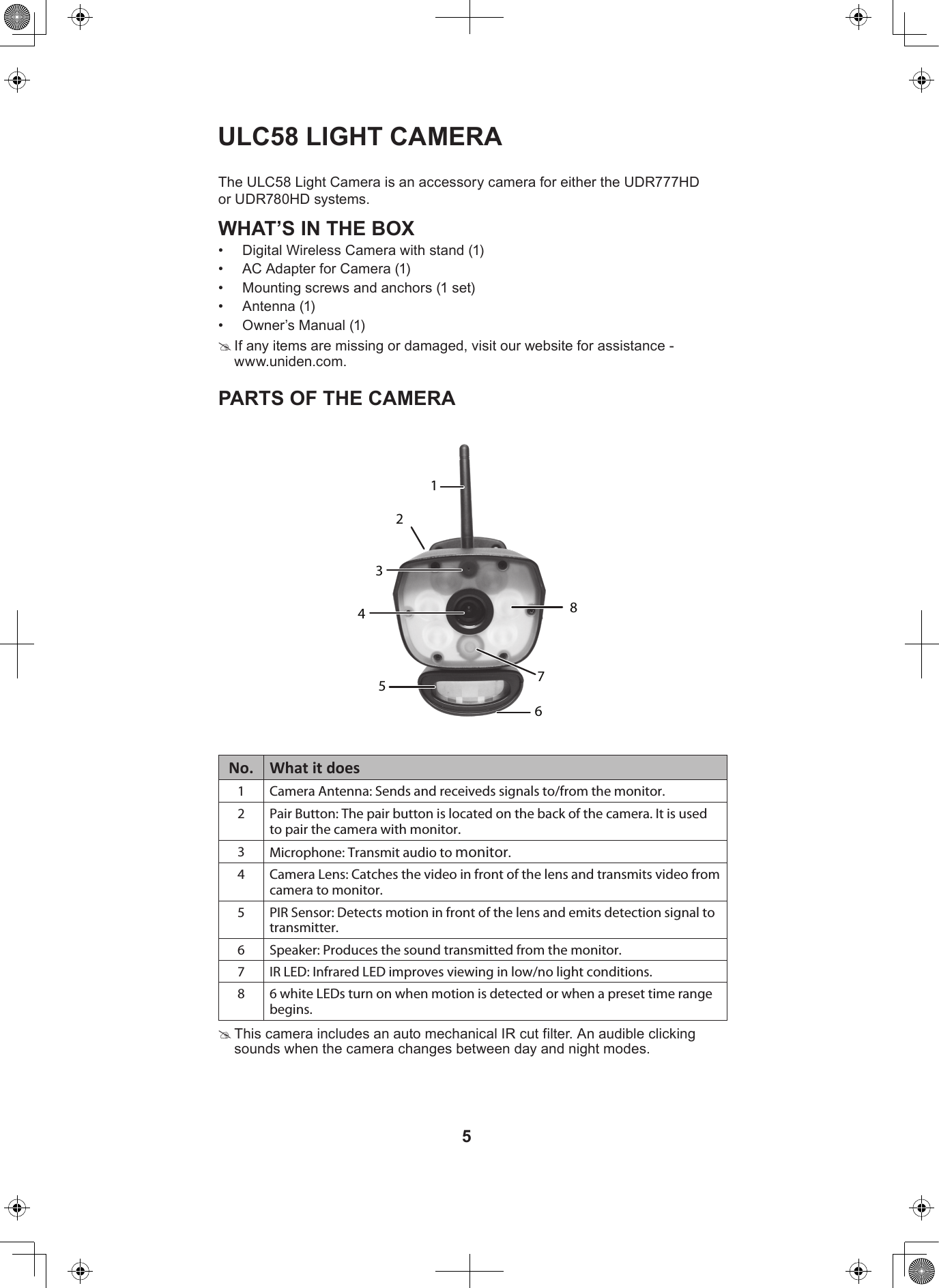 5ULC58 LIGHT CAMERAThe ULC58 Light Camera is an accessory camera for either the UDR777HD or UDR780HD systems. WHAT’S IN THE BOX•  Digital Wireless Camera with stand (1)•  AC Adapter for Camera (1)•  Mounting screws and anchors (1 set)•  Antenna (1)•  Owner’s Manual (1) #If any items are missing or damaged, visit our website for assistance -  www.uniden.com.PARTS OF THE CAMERA No. What it does1 Camera Antenna: Sends and receiveds signals to/from the monitor.2 Pair Button: The pair button is located on the back of the camera. It is used to pair the camera with monitor.3Microphone: Transmit audio to monitor.4 Camera Lens: Catches the video in front of the lens and transmits video from camera to monitor.5 PIR Sensor: Detects motion in front of the lens and emits detection signal to transmitter.6 Speaker: Produces the sound transmitted from the monitor.7 IR LED: Infrared LED improves viewing in low/no light conditions.8 6 white LEDs turn on when motion is detected or when a preset time range begins. #This camera includes an auto mechanical IR cut filter. An audible clicking sounds when the camera changes between day and night modes.12345678