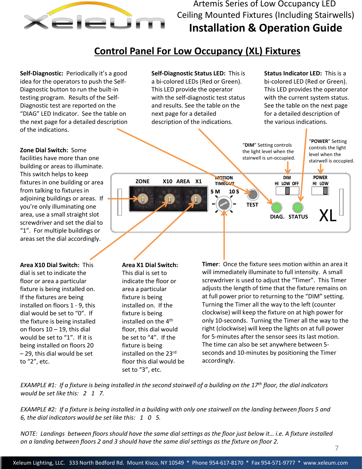 ControlPanelForLowOccupancy(XL)FixturesAreaX1DialSwitch:Thisdialissettoindicatethefloororareaaparticularfixtureisbeinginstalledon.Ifthefixtureisbeinginstalledonthe4thfloor,thisdialwouldbesetto“4”.Ifthefixtureisbeinginstalledonthe23rdfloorthisdialwouldbesetto“3”,etc.ZoneDialSwitch:Somefacilitieshavemorethanonebuildingorareastoilluminate.Thisswitchhelpstokeepfixturesinonebuildingorareafromtalkingtofixturesinadjoiningbuildingsorareas.Ifyou’reonlyilluminatingonearea,useasmallstraightslotscrewdriverandsetthedialto“1”.Formultiplebuildingsorareassetthedialaccordingly.Timer:Oncethefixtureseesmotionwithinanareaitwillimmediatelyilluminatetofullintensity.Asmallscrewdriverisusedtoadjustthe“Timer”.ThisTimeradjuststhelengthoftimethatthefixtureremainsonatfullpowerpriortoreturningtothe“DIM”setting.TurningtheTimerallthewaytotheleft(counterclockwise)willkeepthefixtureonathighpowerforonly10‐seconds.TurningtheTimerallthewaytotheright(clockwise)willkeepthelightsonatfullpowerfor5‐minutesafterthesensorseesitslastmotion.Thetimecanalsobesetanywherebetween5‐secondsand10‐minutesbypositioningtheTimeraccordingly.StatusIndicatorLED:Thisisabi‐coloredLED(RedorGreen).ThisLEDprovidestheoperatorwiththecurrentsystemstatus.Seethetableonthenextpageforadetaileddescriptionofthevariousindications.Self‐Diagnostic:Periodicallyit’sagoodideafortheoperatorstopushtheSelf‐Diagnosticbuttontorunthebuilt‐intestingprogram.ResultsoftheSelf‐Diagnostictestarereportedonthe“DIAG”LEDIndicator.Seethetableonthenextpageforadetaileddescriptionoftheindications.Self‐DiagnosticStatusLED:Thisisabi‐coloredLEDs(RedorGreen).ThisLEDprovidetheoperatorwiththeself‐diagnosticteststatusandresults.Seethetableonthenextpageforadetaileddescriptionoftheindications.7AreaX10DialSwitch:Thisdialissettoindicatethefloororareaaparticularfixtureisbeinginstalledon.Ifthefixturesarebeinginstalledonfloors1‐ 9,thisdialwouldbesetto“0”.Ifthefixtureisbeinginstalledonfloors10– 19,thisdialwouldbesetto“1”.Ifitisbeinginstalledonfloors20– 29,thisdialwouldbesetto“2”,etc.EXAMPLE#1:Ifafixtureisbeinginstalledinthesecondstairwellofabuildingonthe17th floor,thedialindicatorswouldbesetlikethis:217.EXAMPLE#2:Ifafixtureisbeinginstalledinabuildingwithonlyonestairwellonthelandingbetweenfloors5and6,thedialindicatorswouldbesetlikethis:105.NOTE:Landingsbetweenfloorsshouldhavethesamedialsettingsasthefloorjustbelowit…i.e.Afixtureinstalledonalandingbetweenfloors2and3shouldhavethesamedialsettingsasthefixtureonfloor2.XeleumLighting,LLC.333NorthBedfordRd.MountKisco,NY10549*Phone954‐617‐8170*Fax954‐571‐9777*www.xeleum.comArtemisSeriesofLowOccupancyLEDCeilingMountedFixtures(IncludingStairwells)Installation&amp;OperationGuideZONEX10AREAX1 DIMHILOWOFFPOWERHILOW“DIM”Settingcontrolsthelightlevelwhenthestairwellisun‐occupied.“POWER”Settingcontrolsthelightlevelwhenthestairwellisoccupied.XLZONEX10AREAX1TESTDIAG.STATUS