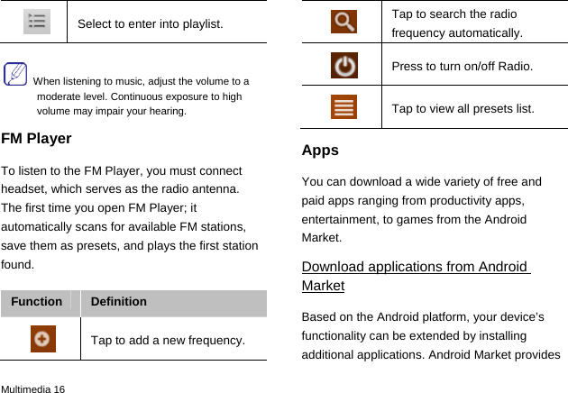  Multimedia 16  Select to enter into playlist.   When listening to music, adjust the volume to a moderate level. Continuous exposure to high volume may impair your hearing. FM Player To listen to the FM Player, you must connect headset, which serves as the radio antenna. The first time you open FM Player; it automatically scans for available FM stations, save them as presets, and plays the first station found.  Function  Definition  Tap to add a new frequency.  Tap to search the radio frequency automatically.  Press to turn on/off Radio.  Tap to view all presets list. Apps You can download a wide variety of free and paid apps ranging from productivity apps, entertainment, to games from the Android Market.  Download applications from Android Market Based on the Android platform, your device’s functionality can be extended by installing additional applications. Android Market provides 