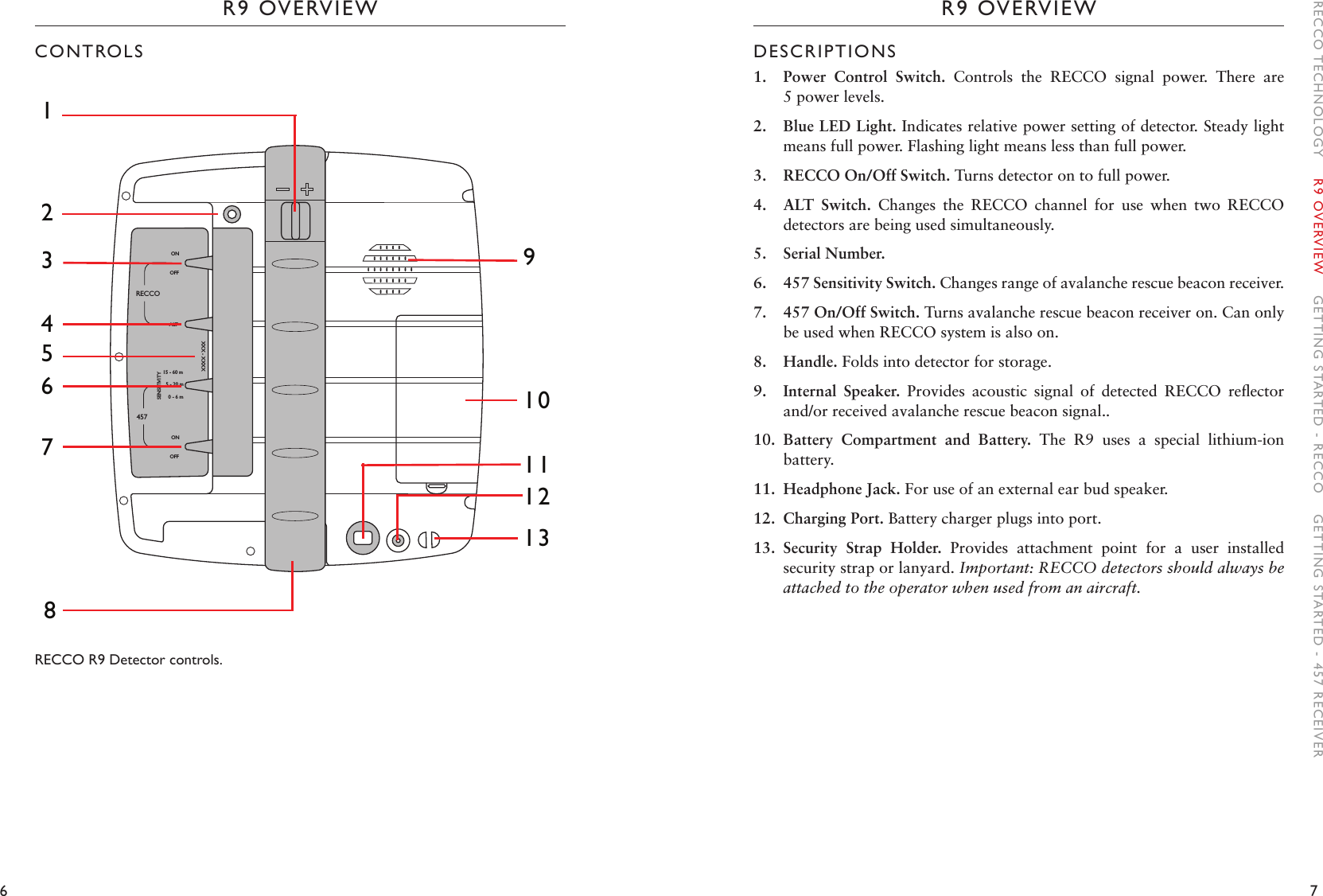 6 7R9 OVERVIEWR9 OVERVIEWDESCRIPTIONS1.  Power  Control  Switch.  Controls  the  RECCO  signal  power.  There  are 5 power levels.2.  Blue LED Light. Indicates relative power setting of detector. Steady light means full power. Flashing light means less than full power.3.  RECCO On/Off Switch. Turns detector on to full power. 4.  ALT  Switch.  Changes  the  RECCO  channel  for  use  when  two  RECCO detectors are being used simultaneously. 5.  Serial Number. 6.  457 Sensitivity Switch. Changes range of avalanche rescue beacon receiver. 7.  457 On/Off Switch. Turns avalanche rescue beacon receiver on. Can only be used when RECCO system is also on.8.  Handle. Folds into detector for storage.9.  Internal  Speaker.  Provides  acoustic  signal  of  detected  RECCO  reﬂector and/or received avalanche rescue beacon signal..10.  Battery  Compartment  and  Battery.  The  R9  uses  a  special  lithium-ion battery. 11.  Headphone Jack. For use of an external ear bud speaker.12.  Charging Port. Battery charger plugs into port. 13.  Security  Strap  Holder.  Provides  attachment  point  for  a  user  installed security strap or lanyard. Important: RECCO detectors should always be attached to the operator when used from an aircraft.CONTROLSRECCO R9 Detector controls. ON45715 - 60 m5 - 20 m0 - 6 mOFFONALTSENSITIVITYOFFRECCOXXX - XXXX123456791 01 11 21 38RECCO TECHNOLOGY    R9 OVERVIEW    GETTING STARTED - RECCO    GETTING STARTED - 457 RECEIVER