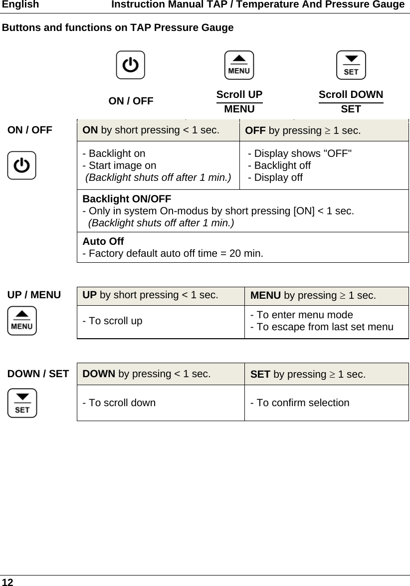 English                         Instruction Manual TAP / Temperature And Pressure Gauge 12 Buttons and functions on TAP Pressure Gauge       ON / OFF  Scroll UPMENU  Scroll DOWNSET  ON / OFF  ON by short pressing &lt; 1 sec.  OFF by pressing  1 sec.  - Backlight on - Start image on  (Backlight shuts off after 1 min.) - Display shows &quot;OFF&quot;  - Backlight off  - Display off  Backlight ON/OFF - Only in system On-modus by short pressing [ON] &lt; 1 sec.   (Backlight shuts off after 1 min.)  Auto Off - Factory default auto off time = 20 min.   UP / MENU  UP by short pressing &lt; 1 sec.  MENU by pressing  1 sec.  - To scroll up  - To enter menu mode - To escape from last set menu   DOWN / SET  DOWN by pressing &lt; 1 sec.  SET by pressing  1 sec.  - To scroll down  - To confirm selection    