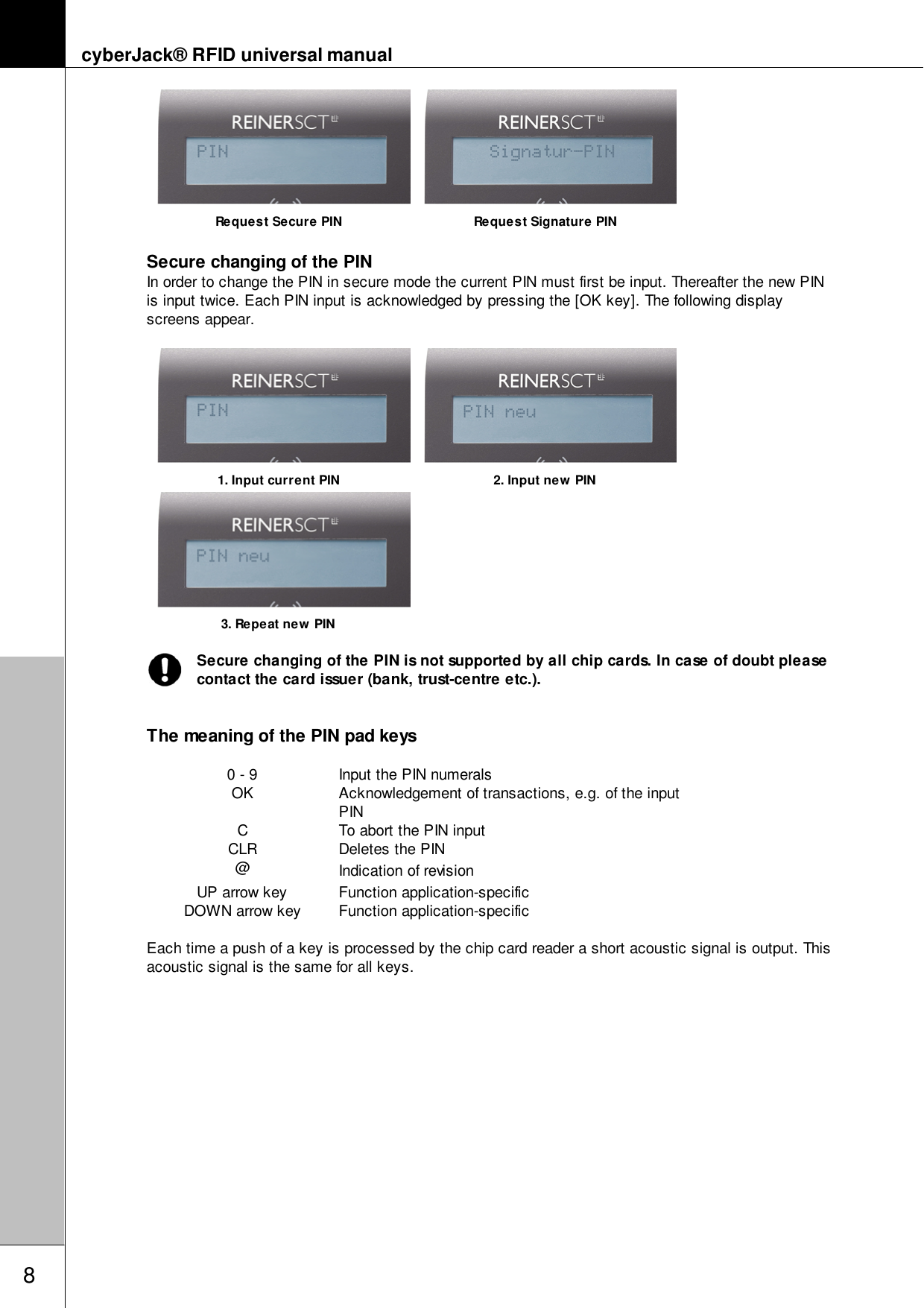 cyberJack&reg; RFID universal manual8Request Secure PIN Request Signature PINSecure changing of the PINIn order to change the PIN in secure mode the current PIN must first be input. Thereafter the new PINis input twice. Each PIN input is acknowledged by pressing the [OK key]. The following displayscreens appear.1. Input current PIN 2. Input new PIN3. Repeat new PINSecure changing of the PIN is not supported by all chip cards. In case of doubt pleasecontact the card issuer (bank, trust-centre etc.). The meaning of the PIN pad keys0 - 9Input the PIN numeralsOKAcknowledgement of transactions, e.g. of the inputPINCTo abort the PIN inputCLRDeletes the PIN@Indication of revisionUP arrow keyFunction application-specificDOWN arrow keyFunction application-specificEach time a push of a key is processed by the chip card reader a short acoustic signal is output. Thisacoustic signal is the same for all keys.