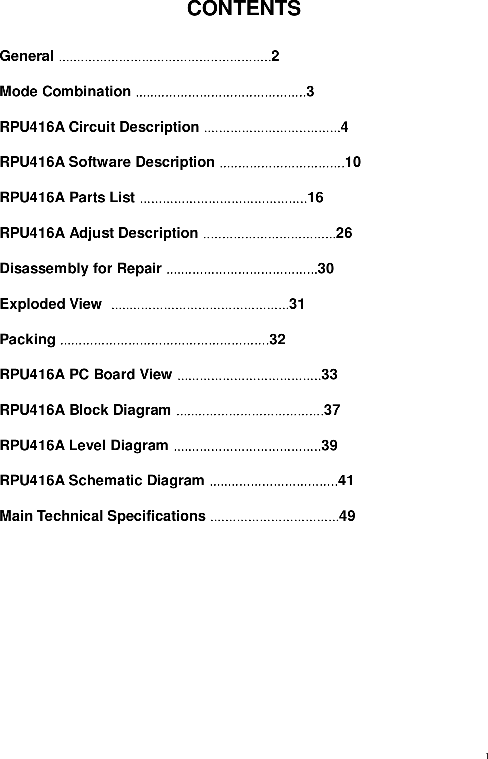 1CONTENTSGeneral  2Mode Combination  3RPU416A Circuit Description  4RPU416A Software Description  10RPU416A Parts List  16RPU416A Adjust Description  26Disassembly for Repair  30Exploded View   31Packing  32RPU416A PC Board View  33RPU416A Block Diagram  37RPU416A Level Diagram  39RPU416A Schematic Diagram  41Main Technical Specifications  49