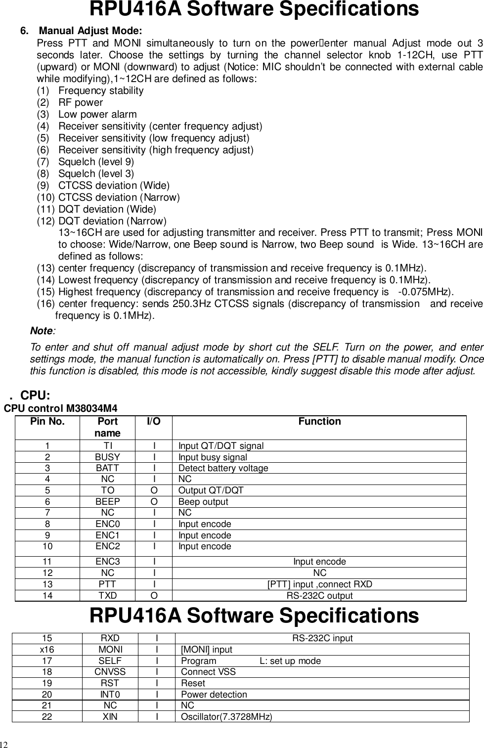 12RPU416A Software Specifications6. Manual Adjust Mode:Press PTT and MONI simultaneously to turn on the power&quot;enter manual Adjust mode out 3seconds later. Choose the settings by turning the channel selector knob 1-12CH, use PTT(upward) or MONI (downward) to adjust (Notice: MIC shouldn’t be connected with external cablewhile modifying),1~12CH are defined as follows:(1)   Frequency stability(2)   RF power(3)   Low power alarm(4)   Receiver sensitivity (center frequency adjust)(5)   Receiver sensitivity (low frequency adjust)(6)   Receiver sensitivity (high frequency adjust)(7)   Squelch (level 9)(8)   Squelch (level 3)(9)   CTCSS deviation (Wide)(10)  CTCSS deviation (Narrow)(11)  DQT deviation (Wide)(12)  DQT deviation (Narrow)13~16CH are used for adjusting transmitter and receiver. Press PTT to transmit; Press MONIto choose: Wide/Narrow, one Beep sound is Narrow, two Beep sound  is Wide. 13~16CH aredefined as follows:(13)  center frequency (discrepancy of transmission and receive frequency is 0.1MHz).(14)  Lowest frequency (discrepancy of transmission and receive frequency is 0.1MHz).(15) Highest frequency (discrepancy of transmission and receive frequency is   -0.075MHz).(16)  center frequency: sends 250.3Hz CTCSS signals (discrepancy of transmission   and receivefrequency is 0.1MHz).Note:To enter and shut off manual adjust mode by short cut the SELF. Turn on the power, and entersettings mode, the manual function is automatically on. Press [PTT] to disable manual modify. Oncethis function is disabled, this mode is not accessible, kindly suggest disable this mode after adjust..  CPU:CPU control M38034M4Pin No. Portname I/O Function1 TI I Input QT/DQT signal2 BUSY I Input busy signal3 BATT I Detect battery voltage4NCINC5 TO O Output QT/DQT6 BEEP O Beep output7NCINC8 ENC0 I Input encode9 ENC1 I Input encode10 ENC2 I Input encode11 ENC3 I Input encode12 NC I NC13 PTT I [PTT] input ,connect RXD14 TXD O RS-232C outputRPU416A Software Specifications15 RXD I RS-232C inputx16 MONI I [MONI] input17 SELF I Program                 L: set up mode18 CNVSS I Connect VSS19 RST I Reset20 INT0 I Power detection21 NC I NC22 XIN I Oscillator(7.3728MHz)