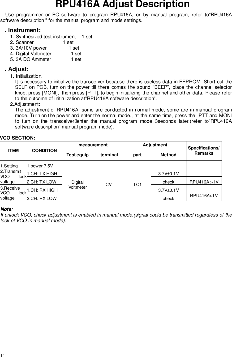 14RPU416A Adjust DescriptionUse programmer or PC software to program RPU416A, or by manual program, refer to”RPU416Asoftware description ” for the manual program and mode settings.. Instrument:1. Synthesized test instrument    1 set2. Scanner                     1 set3. 3A/10V power                1 set4. Digital Voltmeter              1 set5. 3A DC Ammeter              1 set. Adjust:1. InitializationIt is necessary to initialize the transceiver because there is useless data in EEPROM. Short cut theSELF on PCB, turn on the power till there comes the sound ”BEEP”, place the channel selectorknob, press [MONI],  then press [PTT], to begin initializing the channel and other data. Please referto the outcome of initialization at”RPU416A software description”.2.Adjustment:The adjustment of RPU416A, some are conducted in normal mode, some are in manual programmode. Turn on the power and enter the normal mode., at the same time, press the  PTT and MONIto turn on the transceiver&quot;enter the manual program mode 3seconds later.(refer to”RPU416Asoftware description” manual program mode).VCO SECTION:measurement AdjustmentITEM CONDITION Test equip  terminal part MethodSpecifications/Remarks1.Setting 1.power 7.5V1.CH: TX HIGH 3.7V±0.1V2.TransmitVCO lockvoltage 2.CH: TX LOW check RPU416A &gt;1V1.CH: RX HIGH 3.7V±0.1V3.ReceiveVCO lockvoltage 2.CH: RX LOWDigitalVolt meter CV TC1check RPU416A&gt;1VNote:If unlock VCO, check adjustment is enabled in manual mode.(signal could be transmitted regardless of thelock of VCO in manual mode).