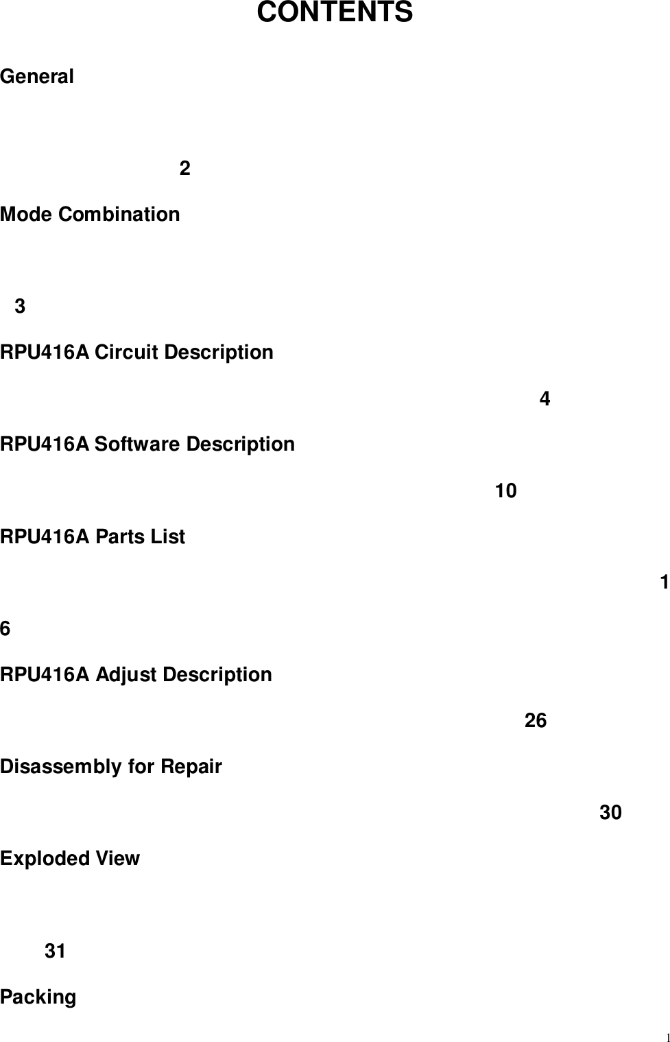 1CONTENTSGeneral2Mode Combination3RPU416A Circuit Description4RPU416A Software Description10RPU416A Parts List16RPU416A Adjust Description26Disassembly for Repair30Exploded View31Packing