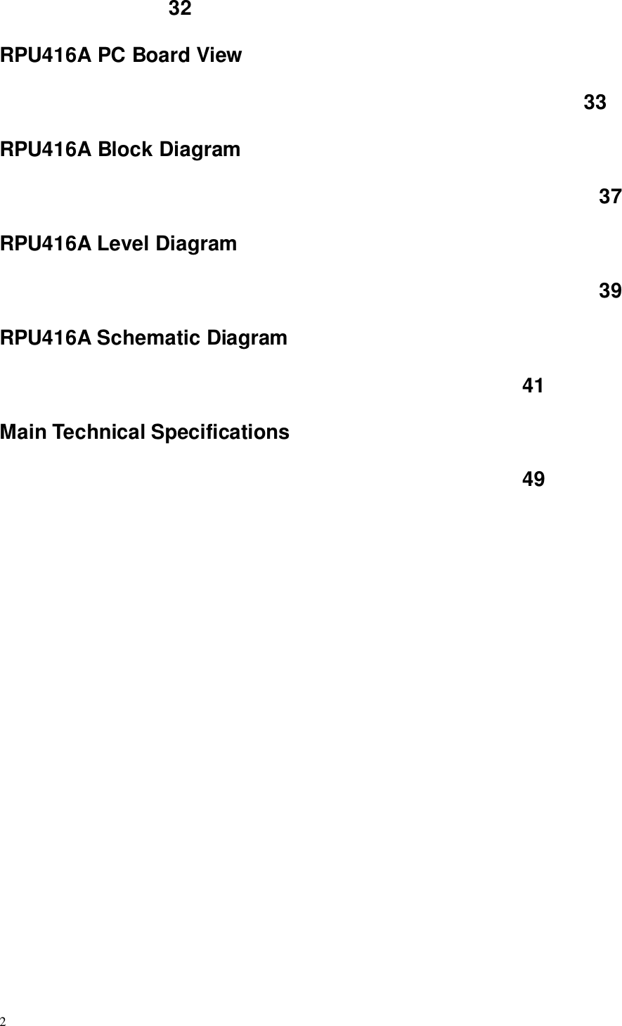 232RPU416A PC Board View33RPU416A Block Diagram37RPU416A Level Diagram39RPU416A Schematic Diagram41Main Technical Specifications49
