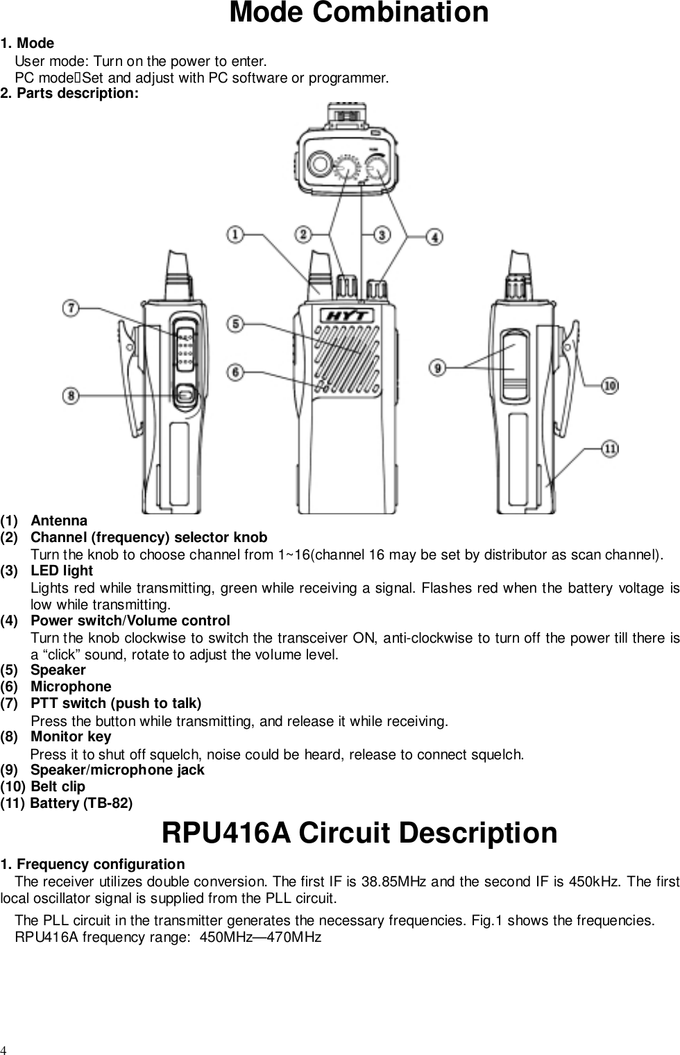 4Mode Combination1. ModeUser mode: Turn on the power to enter.PC mode&quot;Set and adjust with PC software or programmer.2. Parts description:(1) Antenna(2)  Channel (frequency) selector knobTurn the knob to choose channel from 1~16(channel 16 may be set by distributor as scan channel).(3) LED lightLights red while transmitting, green while receiving a signal. Flashes red when the battery voltage islow while transmitting.(4)  Power switch/Volume controlTurn the knob clockwise to switch the transceiver ON, anti-clockwise to turn off the power till there isa “click” sound, rotate to adjust the volume level.(5) Speaker(6) Microphone(7)  PTT switch (push to talk)Press the button while transmitting, and release it while receiving.(8) Monitor keyPress it to shut off squelch, noise could be heard, release to connect squelch.(9) Speaker/microphone jack(10) Belt clip(11) Battery (TB-82)RPU416A Circuit Description1. Frequency configurationThe receiver utilizes double conversion. The first IF is 38.85MHz and the second IF is 450kHz. The firstlocal oscillator signal is supplied from the PLL circuit.The PLL circuit in the transmitter generates the necessary frequencies. Fig.1 shows the frequencies.RPU416A frequency range:  450MHz—470MHz
