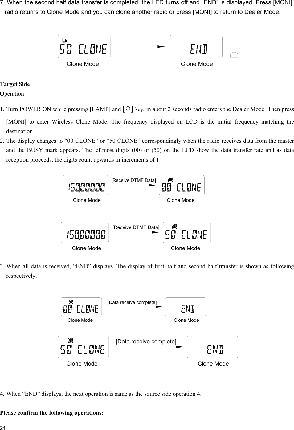     21  7. When the second half data transfer is completed, the LED turns off and “END” is displayed. Press [MONI], radio returns to Clone Mode and you can clone another radio or press [MONI] to return to Dealer Mode.    Target Side Operation 1. Turn POWER ON while pressing [LAMP] and [○] key, in about 2 seconds radio enters the Dealer Mode. Then press [MONI] to enter Wireless Clone Mode. The frequency displayed on LCD is the initial frequency matching the destination. 2. The display changes to “00 CLONE” or “50 CLONE” correspondingly when the radio receives data from the master and the BUSY mark appears. The leftmost digits (00) or (50) on the LCD show the data transfer rate and as data reception proceeds, the digits count upwards in increments of 1.   3. When all data is received, “END” displays. The display of first half and second half transfer is shown as following respectively.             4. When “END” displays, the next operation is same as the source side operation 4.   Please confirm the following operations: Clone Mode[Receive DTMF Data]Clone Mode[Data receive complete]Clone ModeClone ModeClone ModeClone ModeClone Mode[Receive DTMF Data]Clone Mode[Data receive complete]Clone Mode Clone Mode
